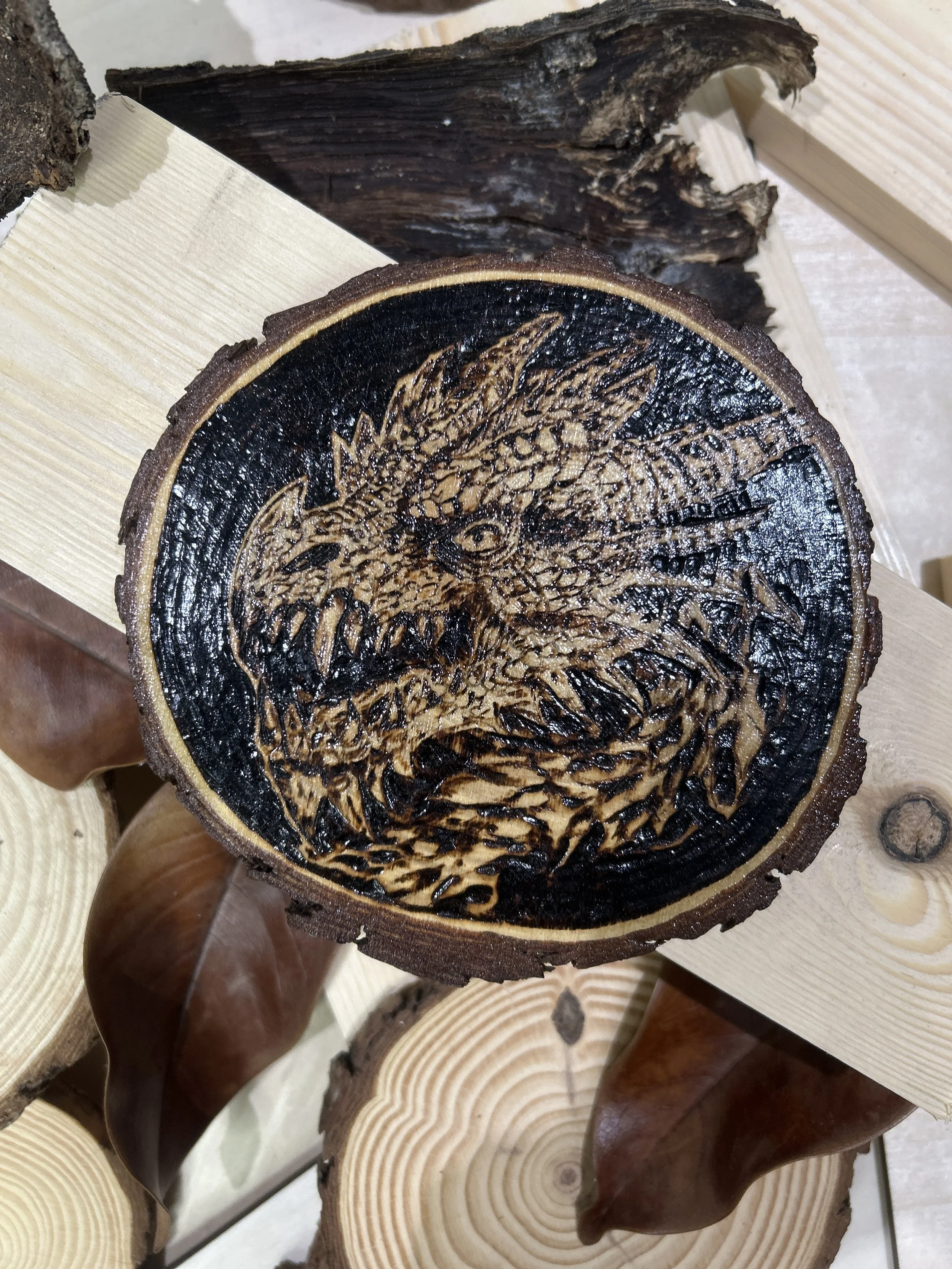Wood-burned pyrography dragon designs, handcrafted fantasy art in original, unique, artisan, one-of-a-kind decor, detailed wooden creations