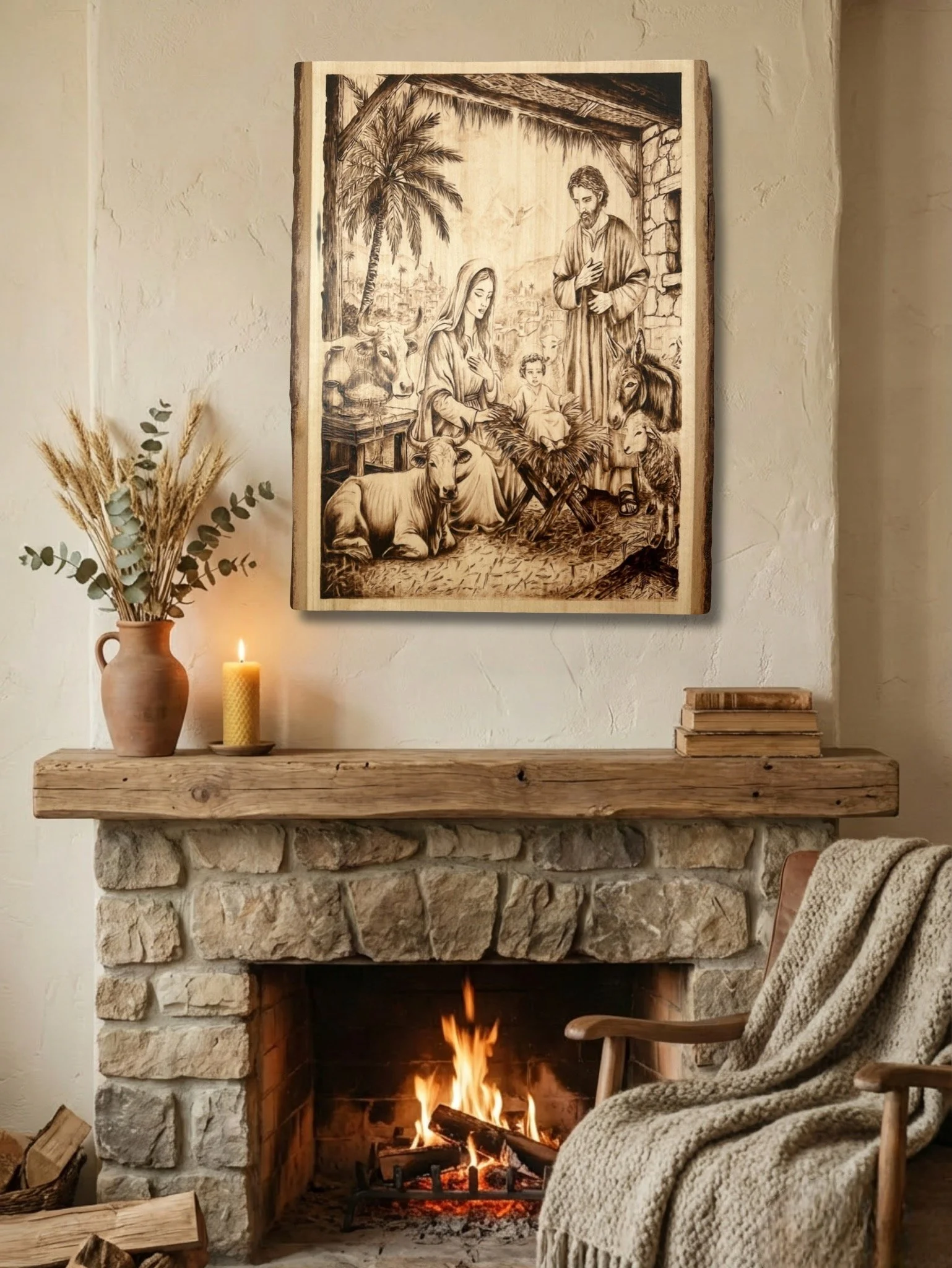 Wood-burned nativity artwork featuring Mary, Joseph, baby Jesus, and animals in a detailed carved scene.