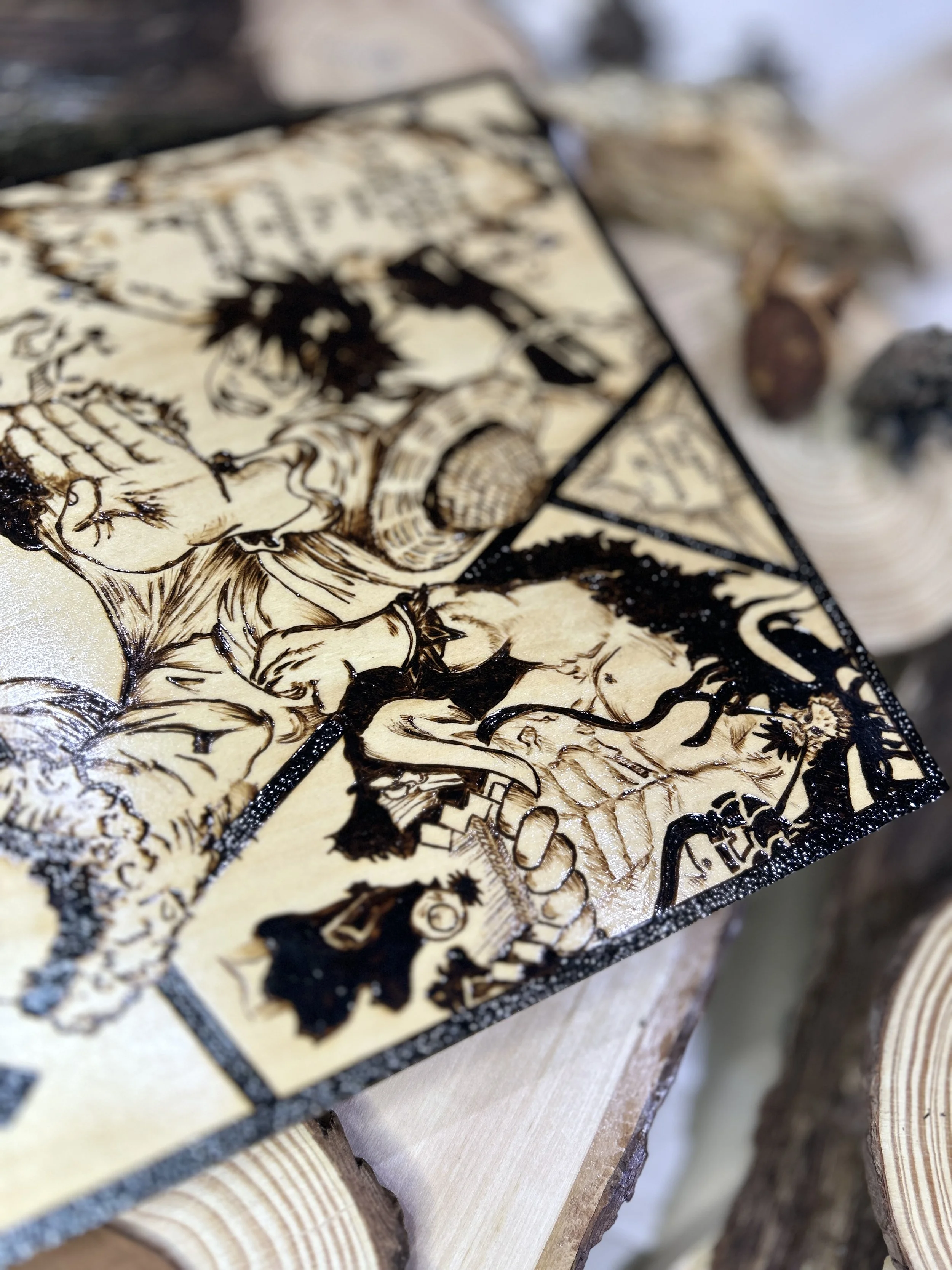 Wood-burned pyrography artworks, anime, One Piece, Luffy, Freedom of Wano, handcrafted in original, unique, artisan, one-of-a-kind fantasy decor