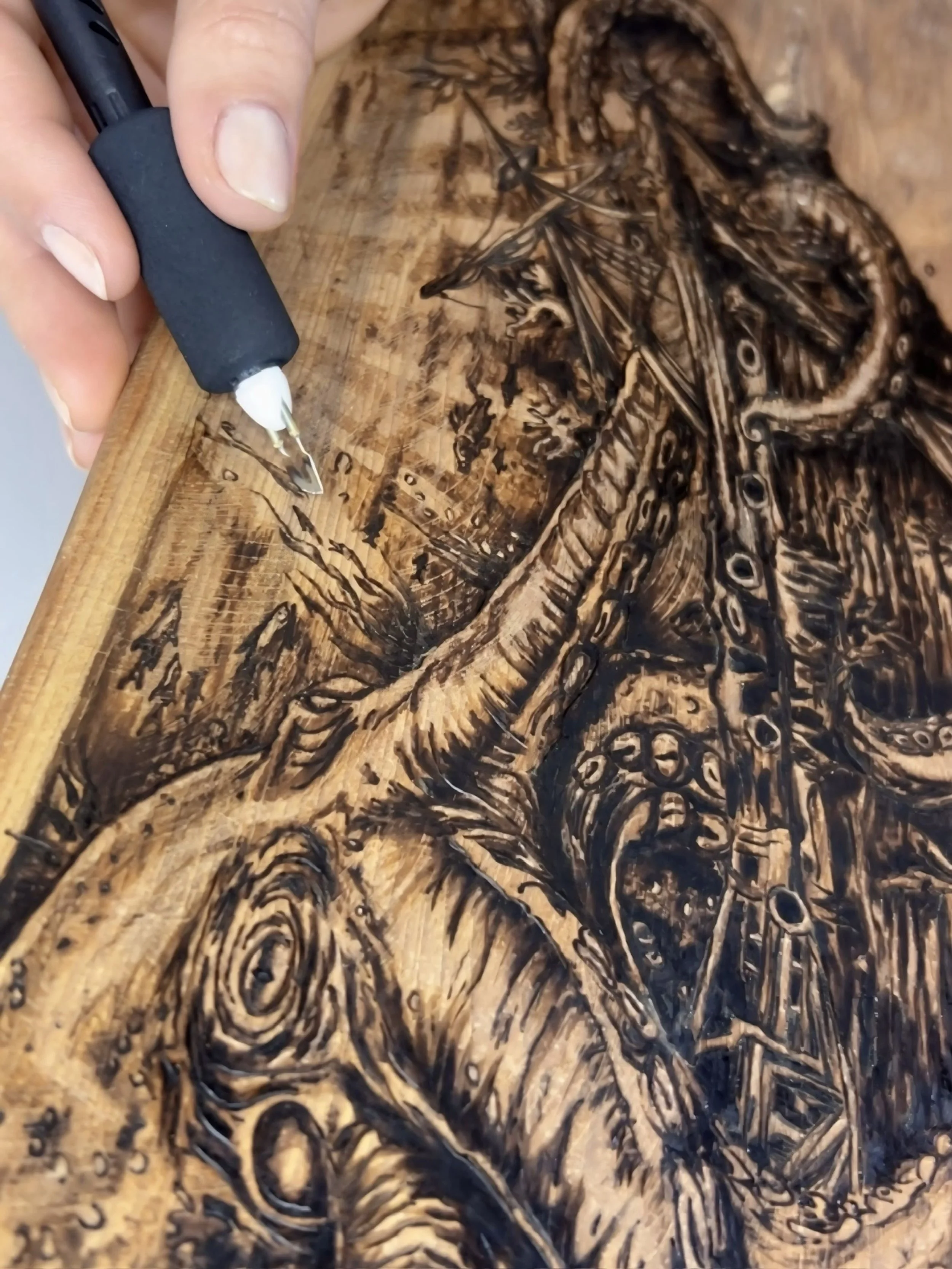 Pyro D Studio- UK based artist specializing in luxury hand-burned pyrography, fire-etched original art on solid hardwood
