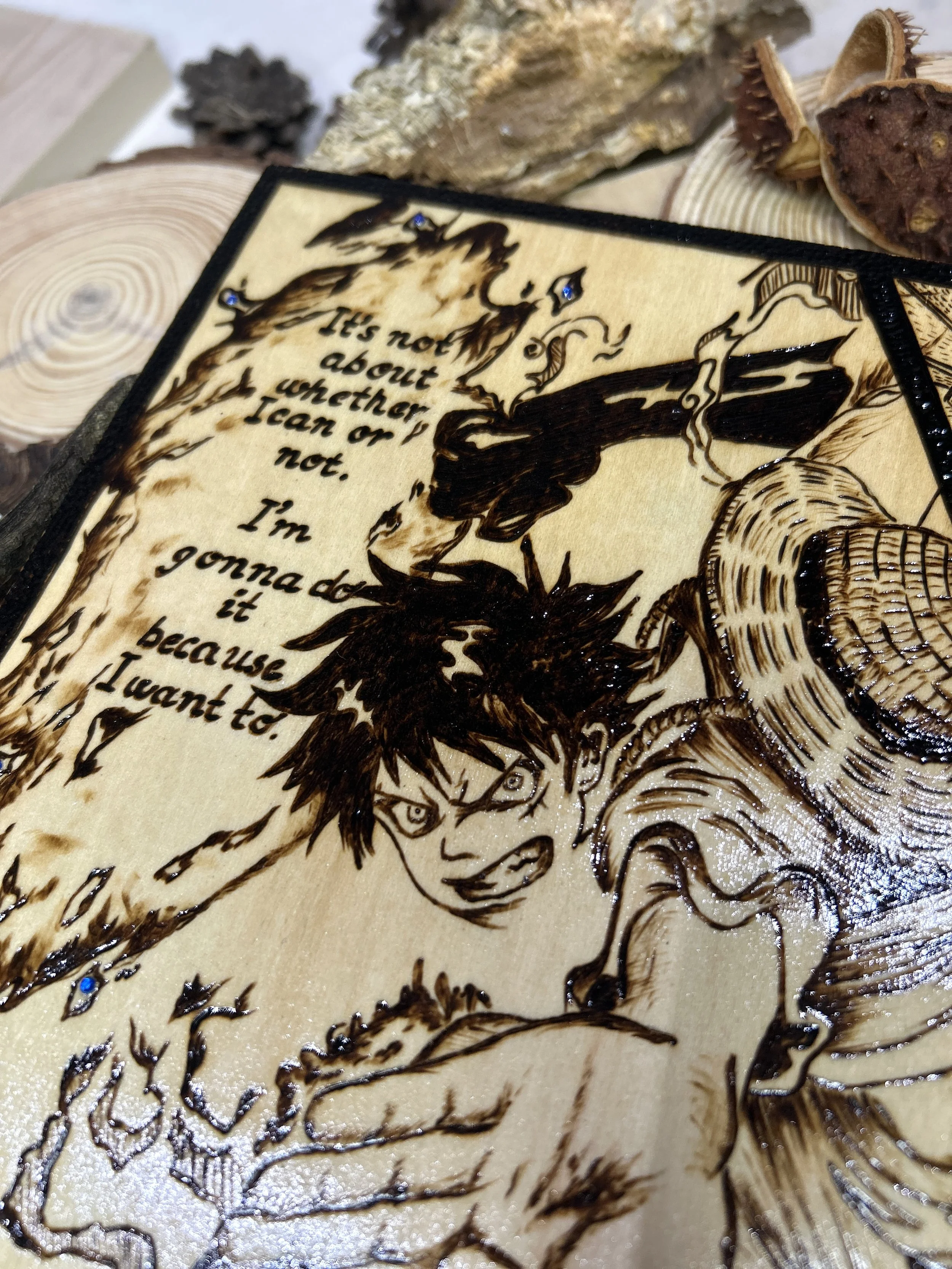 Wood-burned pyrography artworks, anime, One Piece, Luffy, Freedom of Wano, handcrafted in original, unique, artisan, one-of-a-kind fantasy decor