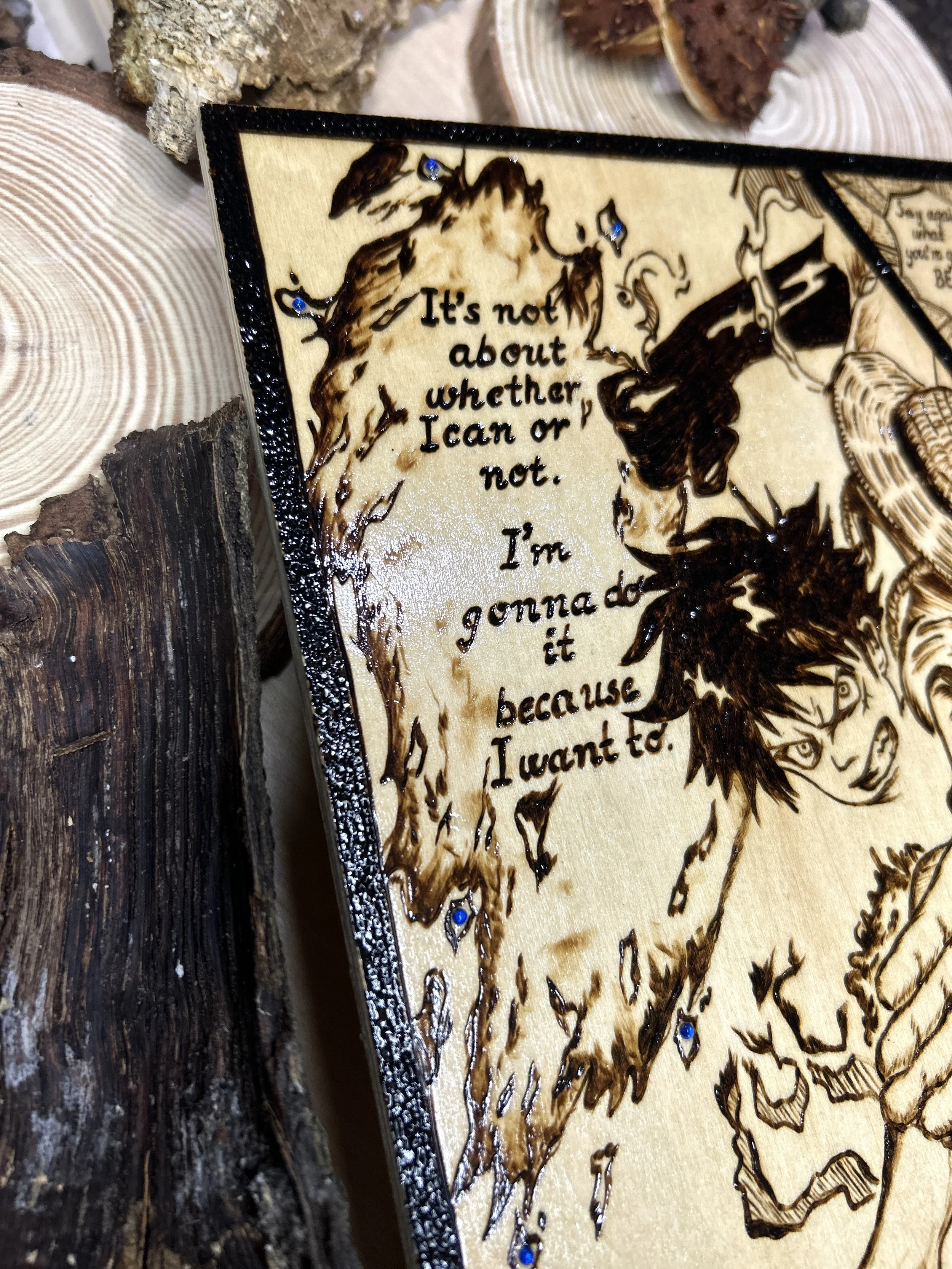 Wood-burned pyrography artworks, anime, One Piece, Luffy, Freedom of Wano, handcrafted in original, unique, artisan, one-of-a-kind fantasy decor