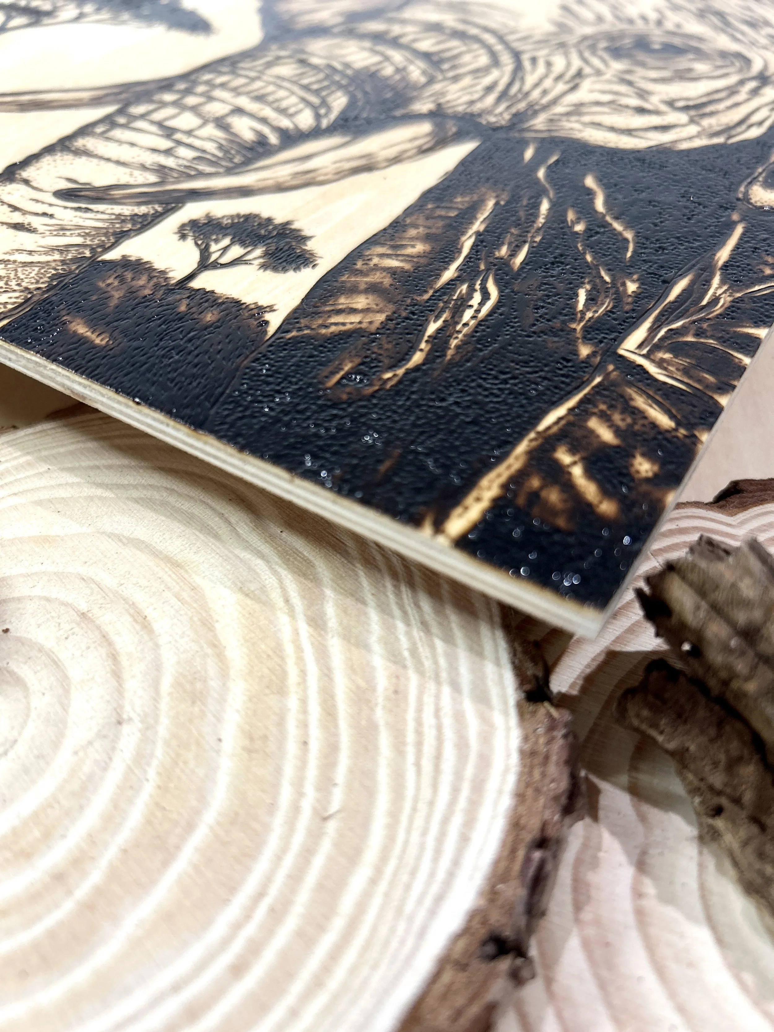 Collection of wood-burned pyrography artworks showcasing handcrafted fantasy art in unique, artisan, one-of-a-kind designs and decor, featuring detailed Savanna Reverie elephant scenes on natural wood