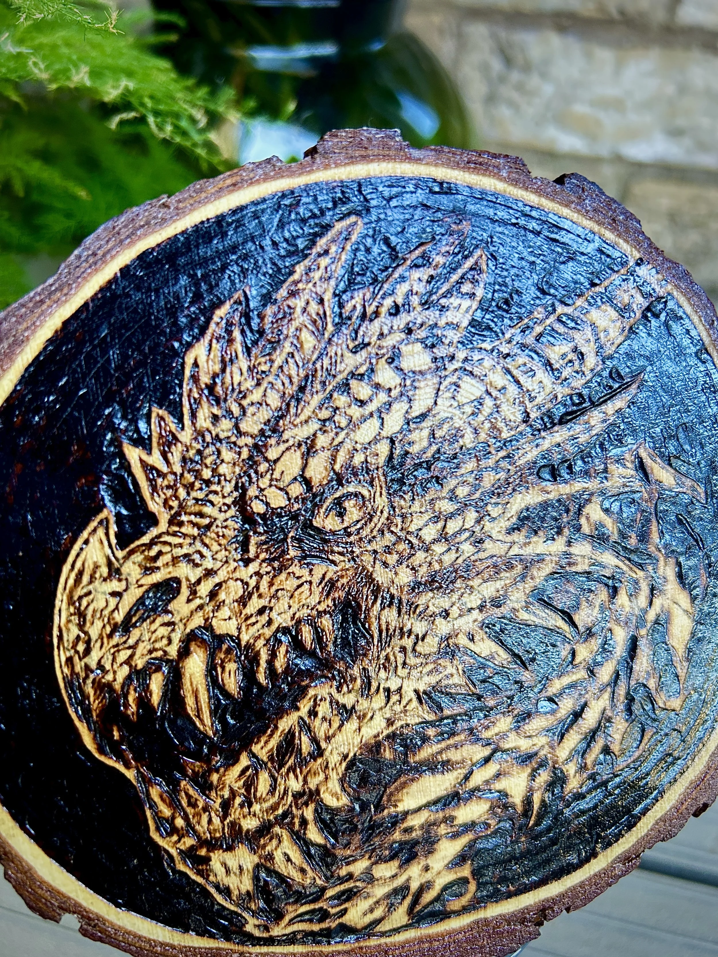Wood-burned pyrography dragon designs, handcrafted fantasy art in original, unique, artisan, one-of-a-kind decor, detailed wooden creations