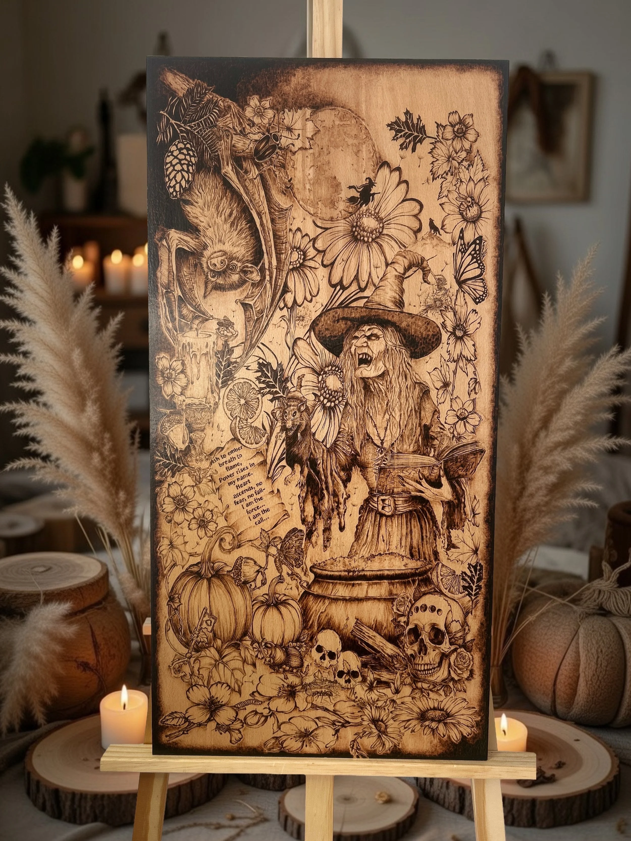 The Darkest Wishes wood-burned artwork displayed on a wooden easel, featuring a witch, cauldron, and skulls, styled with pampas grass and pumpkins in a home setting.