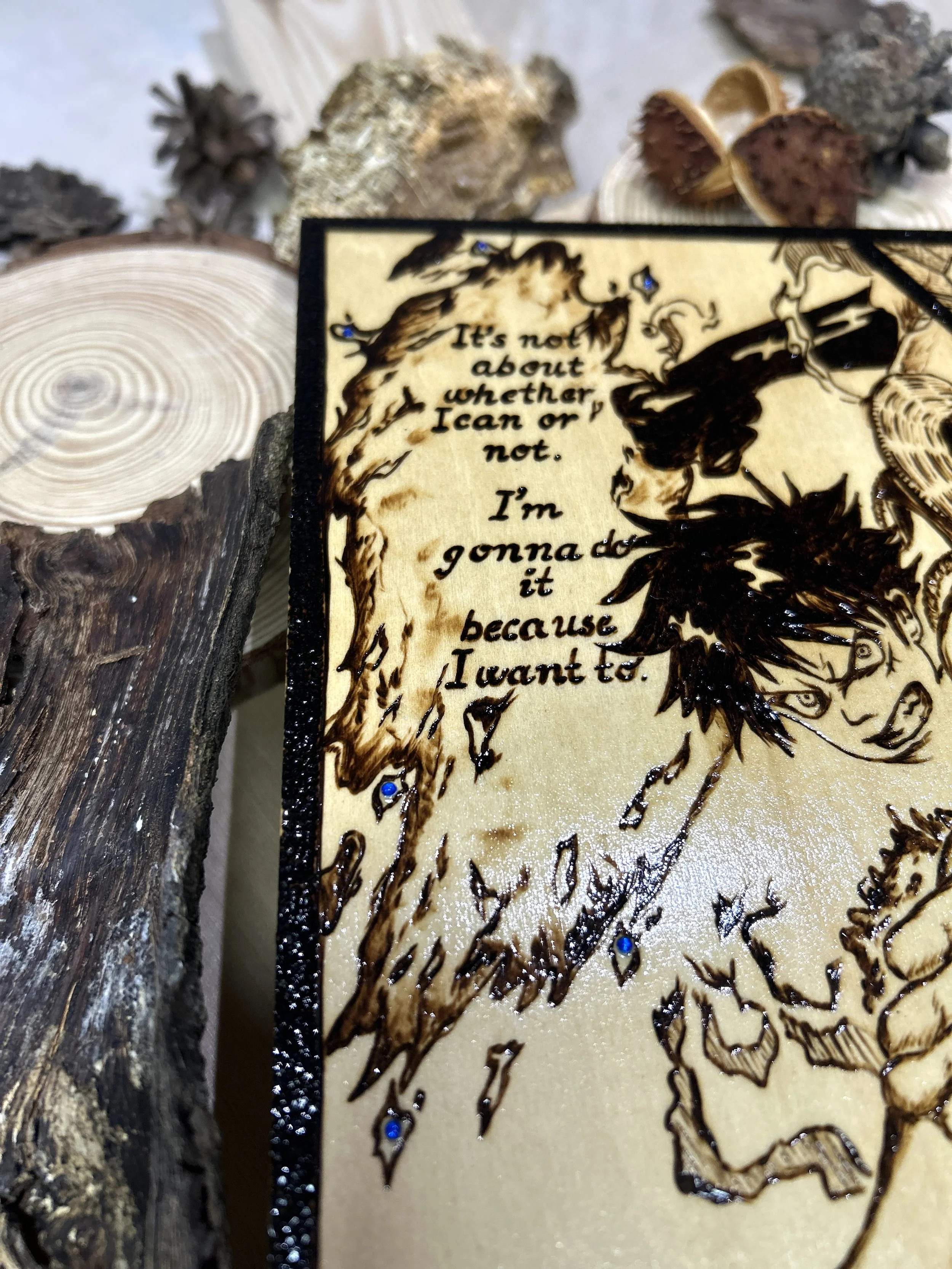 Wood-burned pyrography artworks, anime, One Piece, Luffy, Freedom of Wano, handcrafted in original, unique, artisan, one-of-a-kind fantasy decor