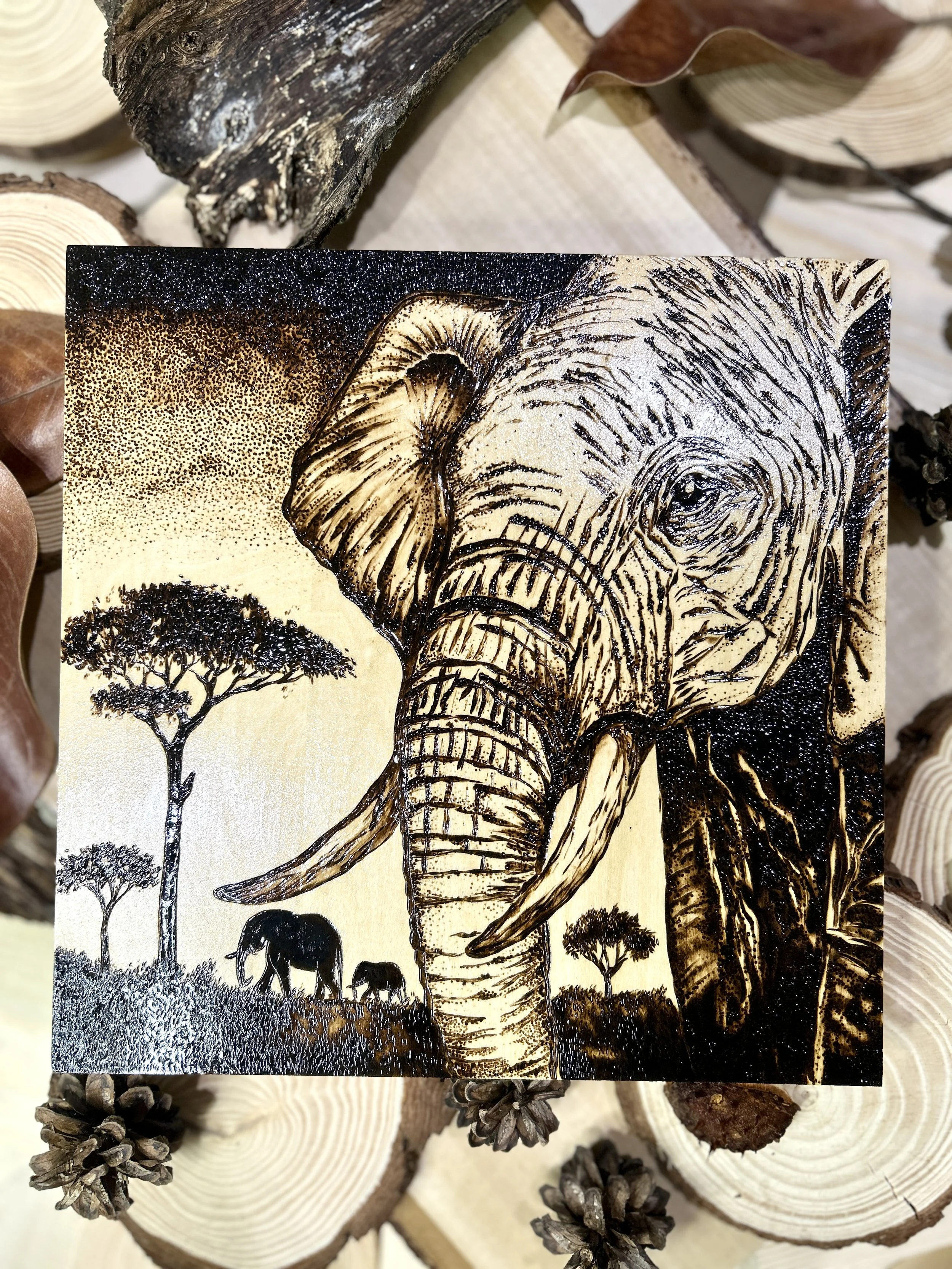 Collection of wood-burned pyrography artworks showcasing handcrafted fantasy art in unique, artisan, one-of-a-kind designs and decor, featuring detailed Savanna Reverie elephant scenes on natural wood