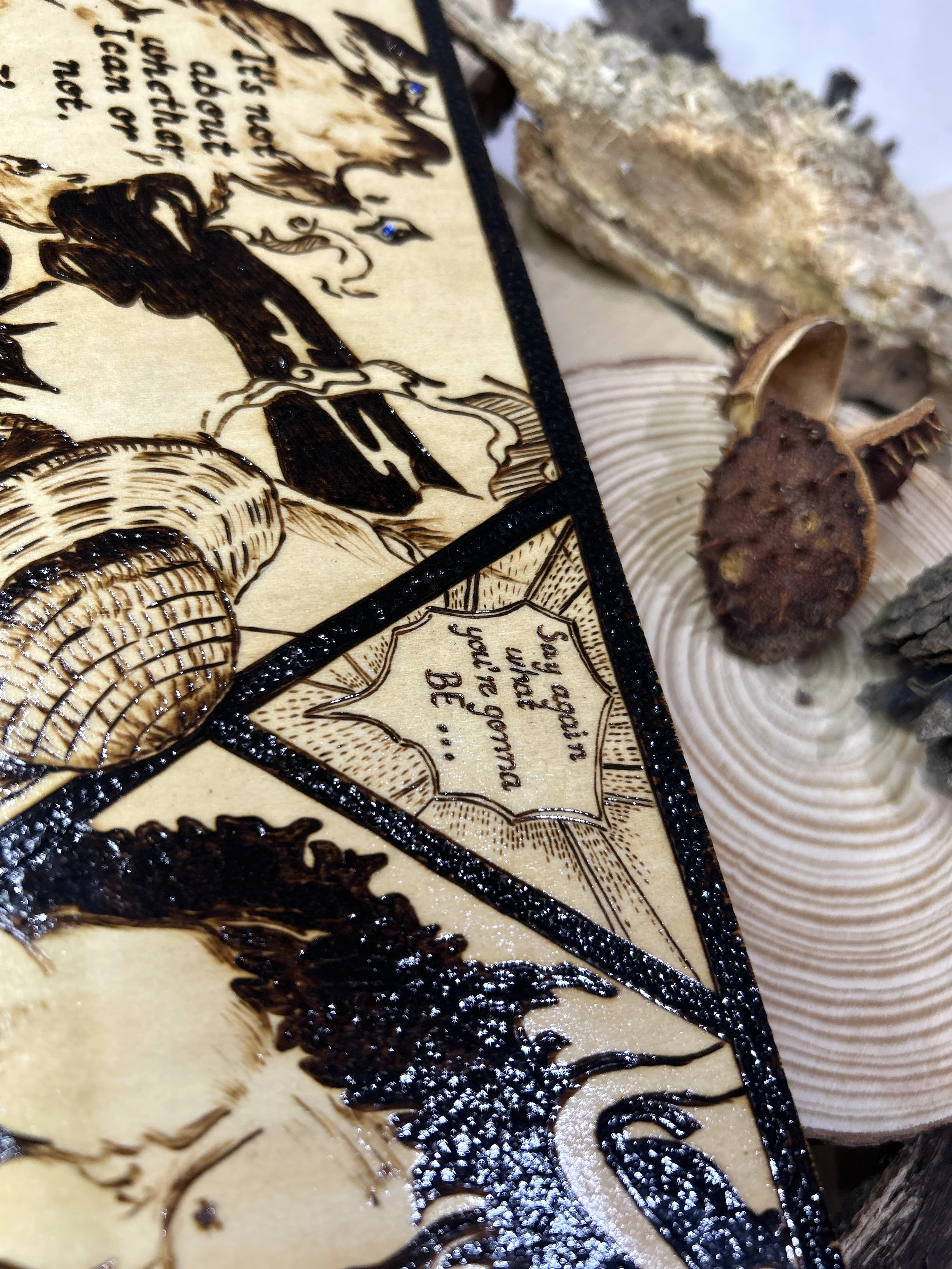 Wood-burned pyrography artworks, anime, One Piece, Luffy, Freedom of Wano, handcrafted in original, unique, artisan, one-of-a-kind fantasy decor