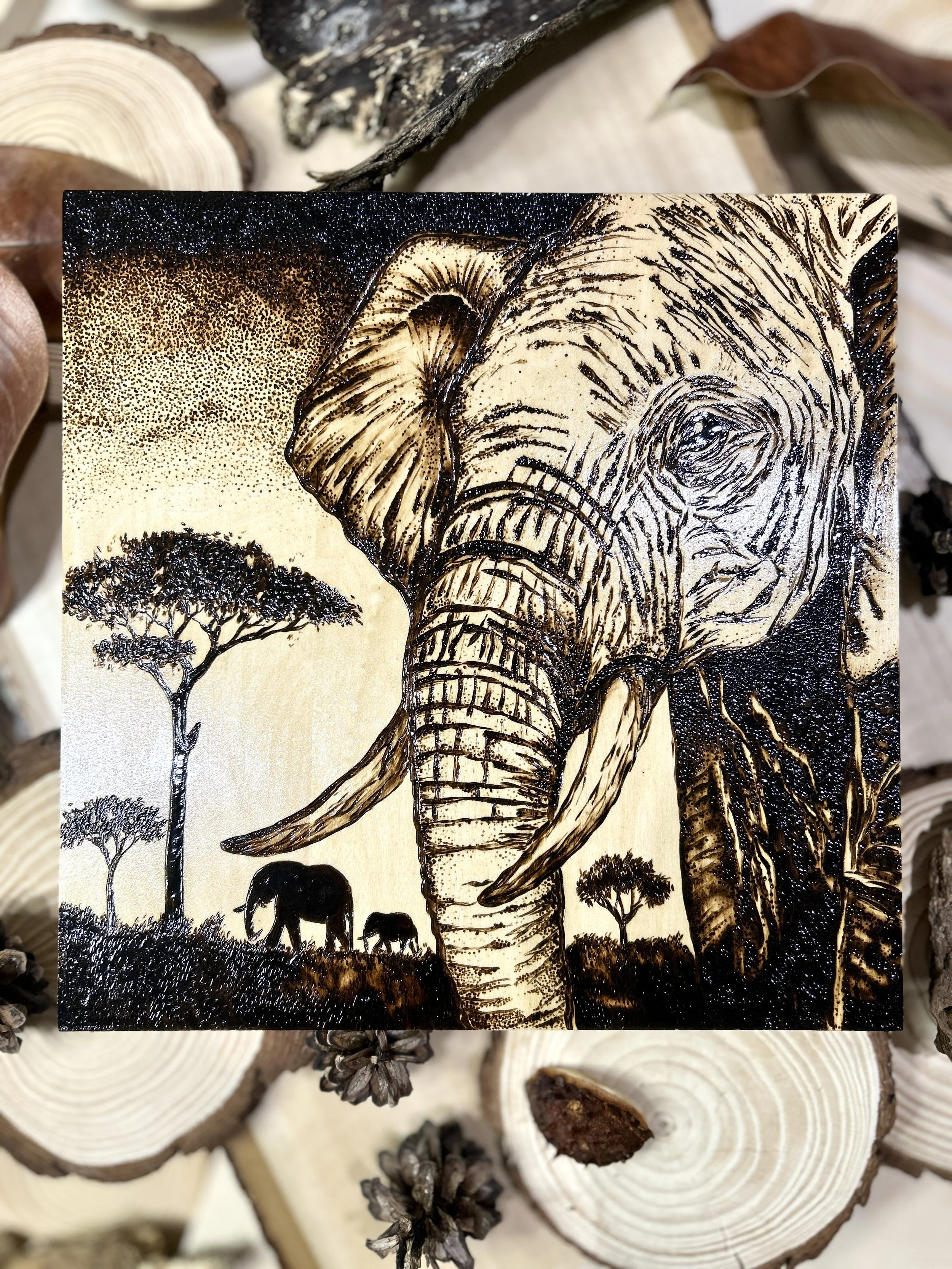 Collection of wood-burned pyrography artworks showcasing handcrafted fantasy art in unique, artisan, one-of-a-kind designs and decor, featuring detailed Savanna Reverie elephant scenes on natural wood
