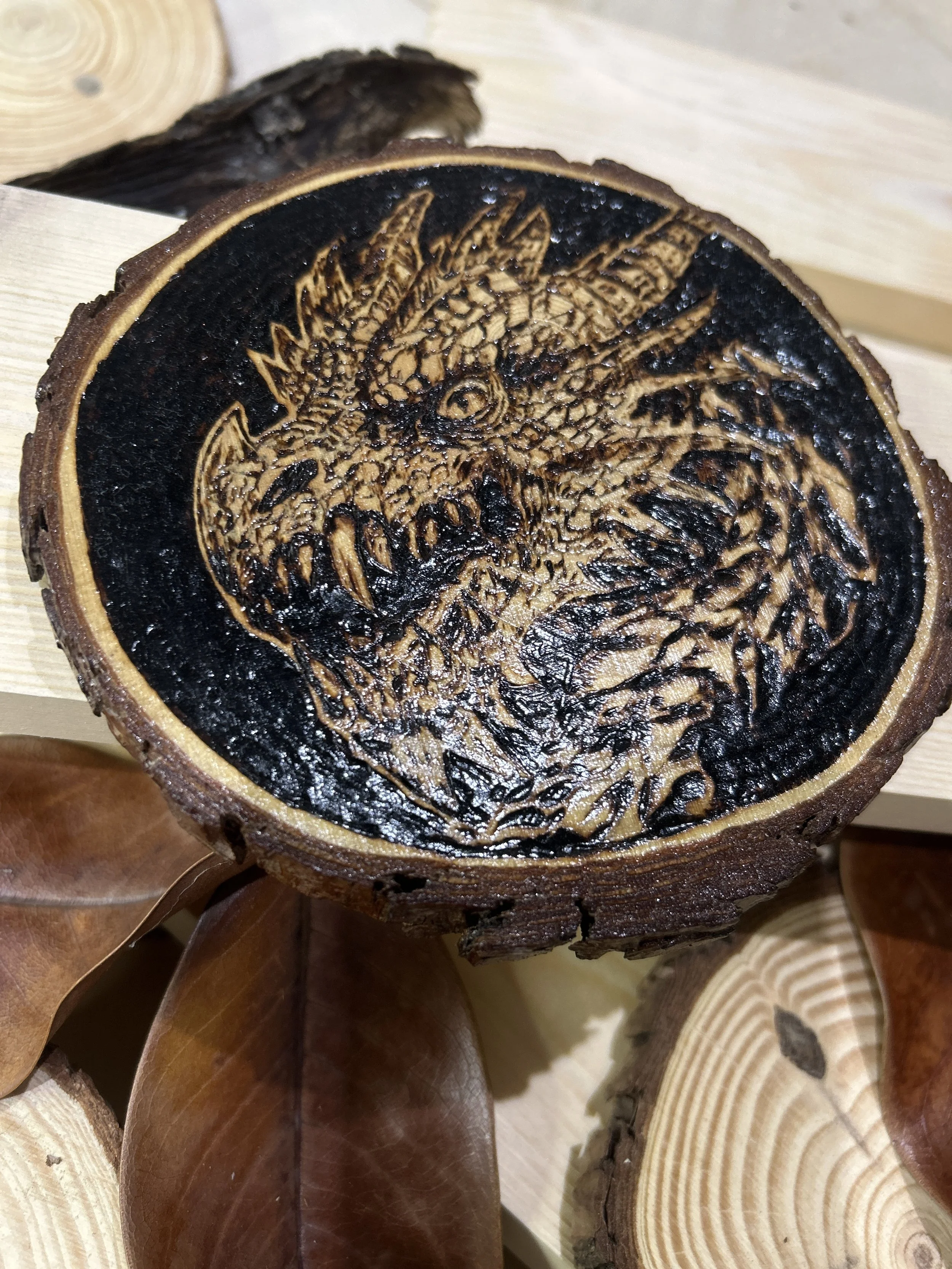 Wood-burned pyrography dragon designs, handcrafted fantasy art in original, unique, artisan, one-of-a-kind decor, detailed wooden creations