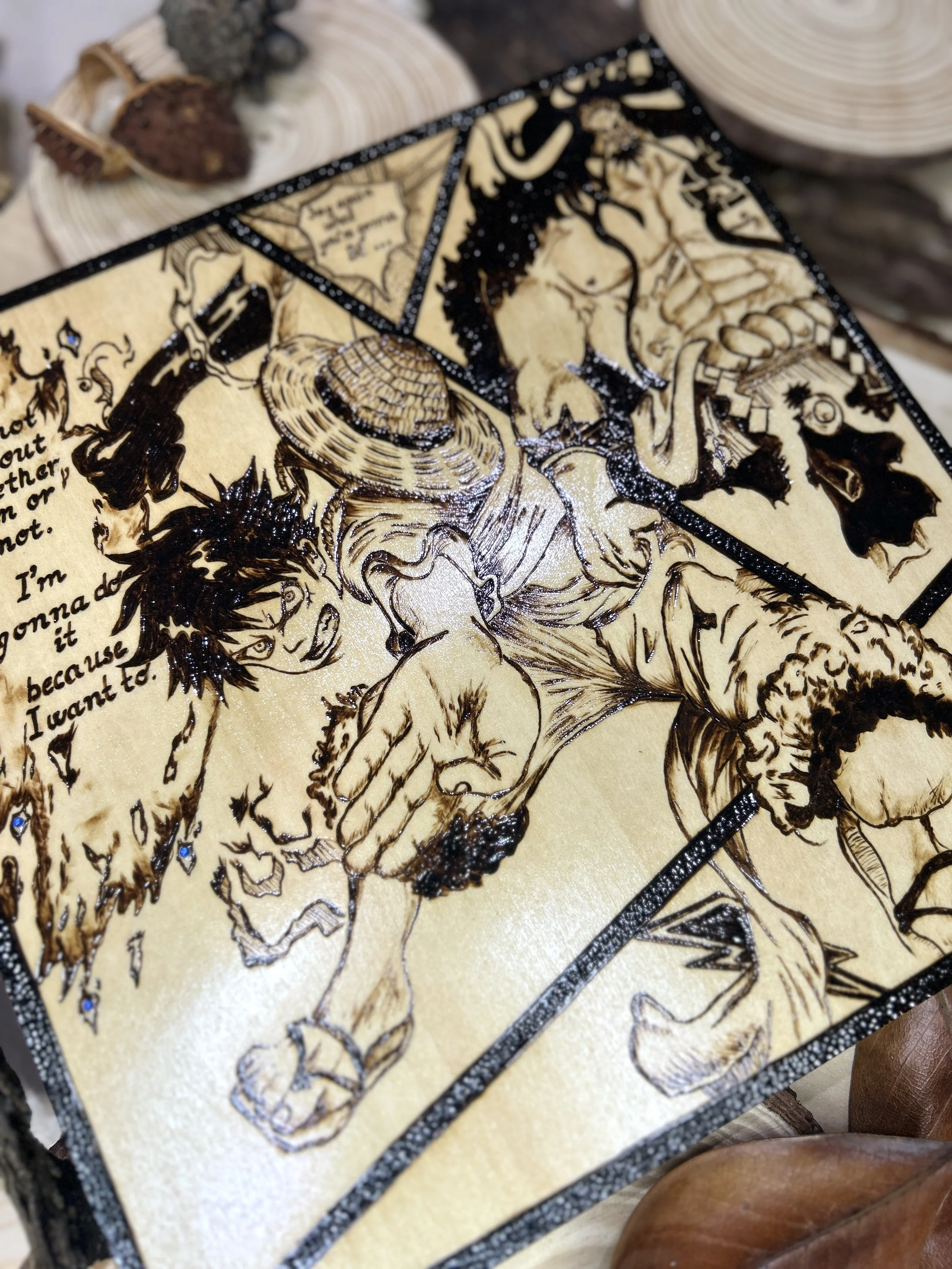 Wood-burned pyrography artworks, anime, One Piece, Luffy, Freedom of Wano, handcrafted in original, unique, artisan, one-of-a-kind fantasy decor