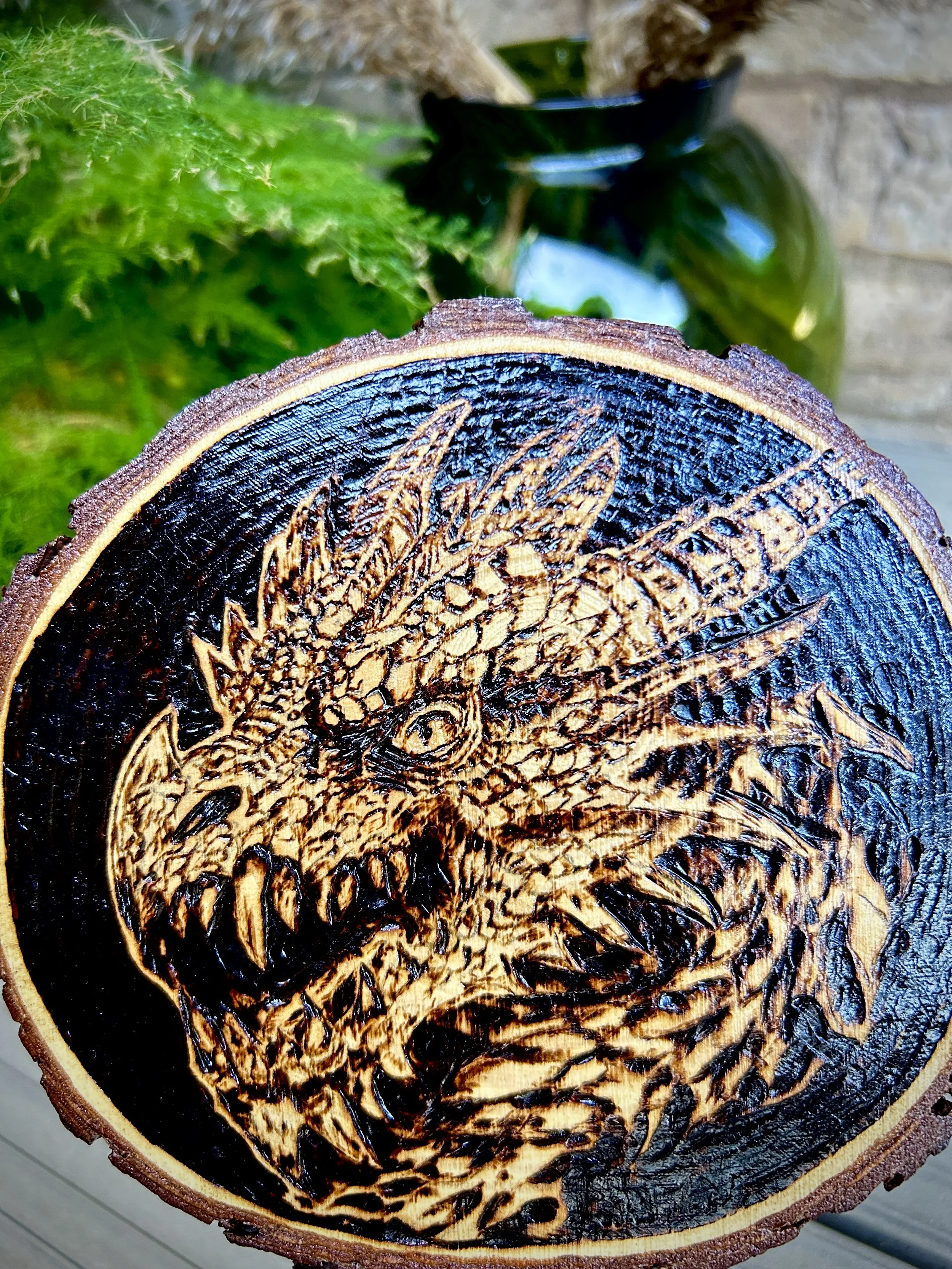 Wood-burned pyrography dragon designs, handcrafted fantasy art in original, unique, artisan, one-of-a-kind decor, detailed wooden creations