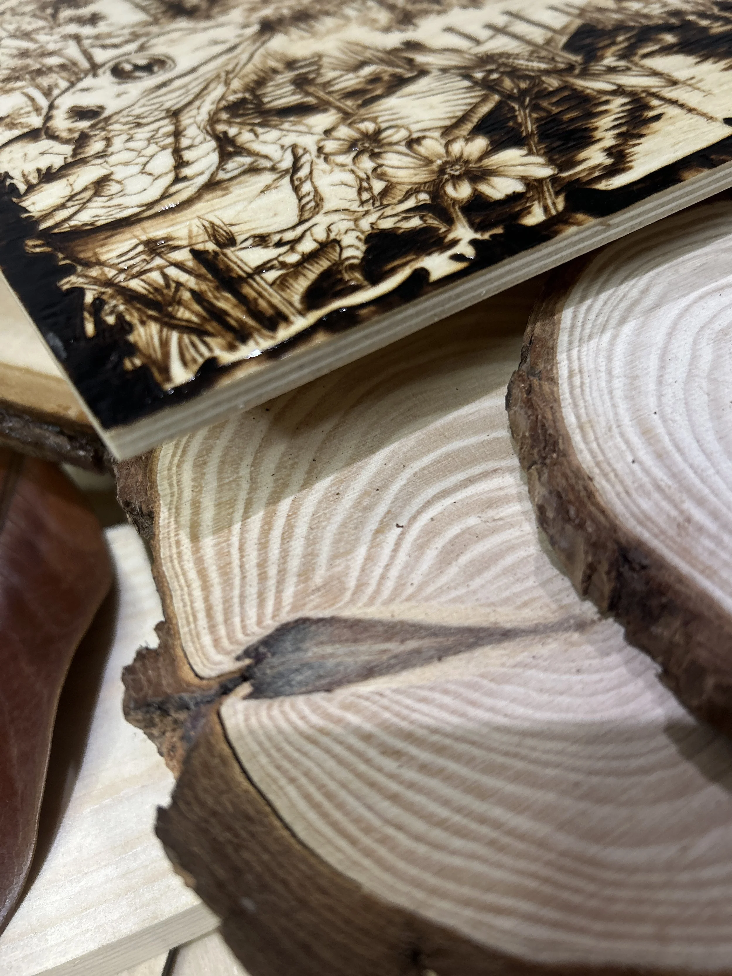 Collection of wood-burned pyrography artworks showcasing handcrafted fantasy art in unique, artisan, one-of-a-kind designs and decor, featuring detailed Dusk Hollow scenes on natural wood