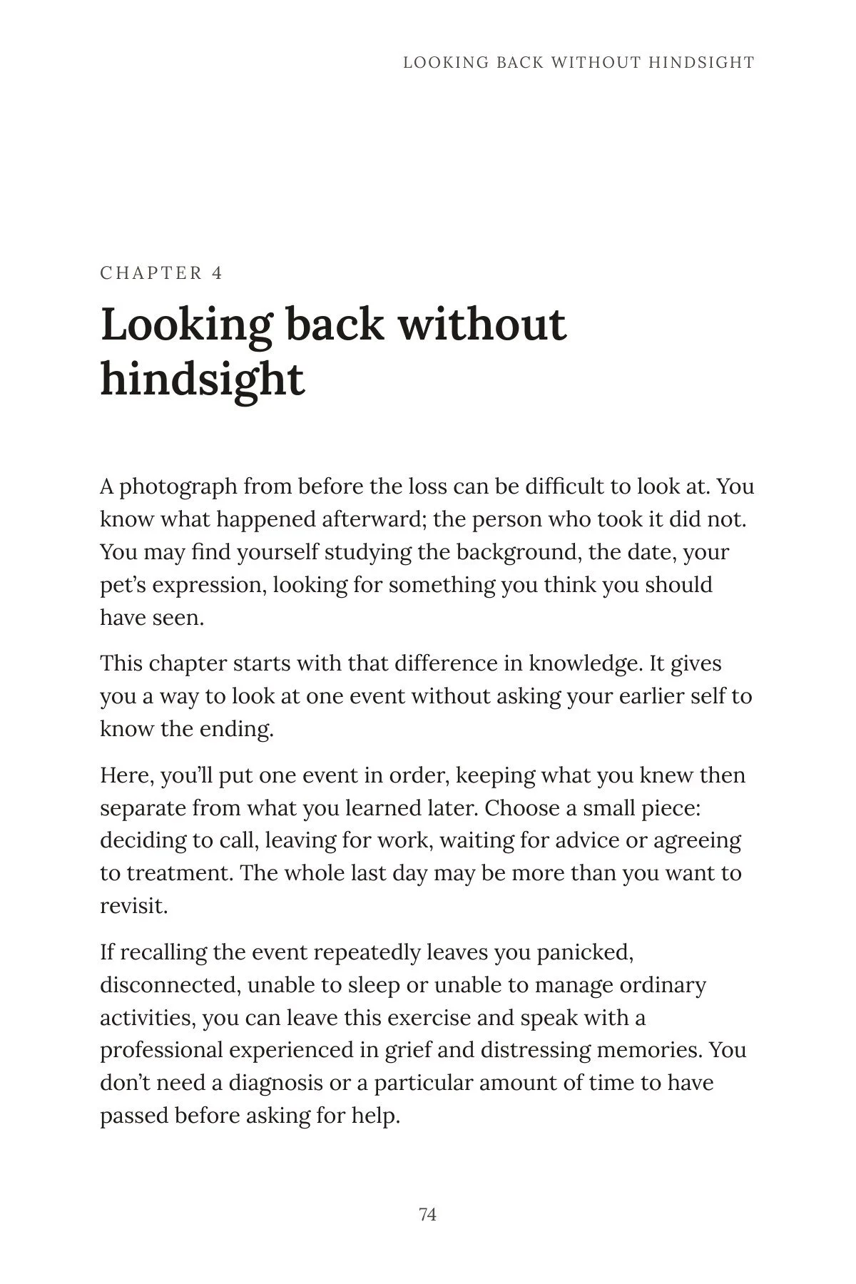 Page 74 of the workbook: the opening of Chapter 4, Looking back without hindsight