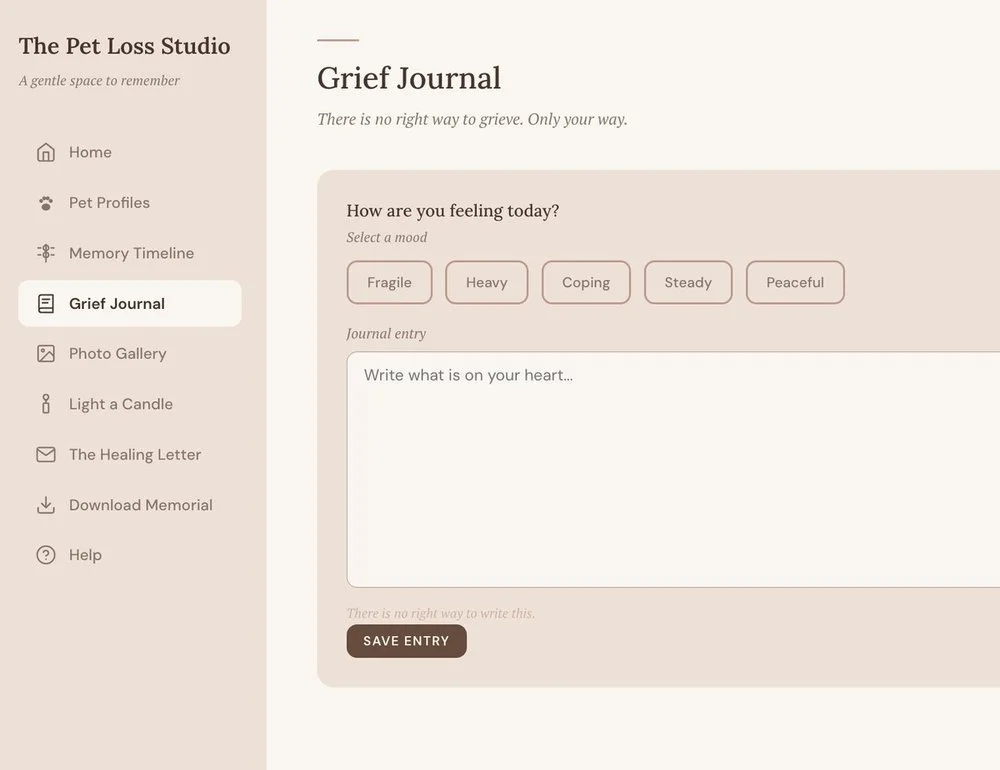The Pet Memorial Space, showing the grief journal with mood options and an entry field, beside the memorial navigation