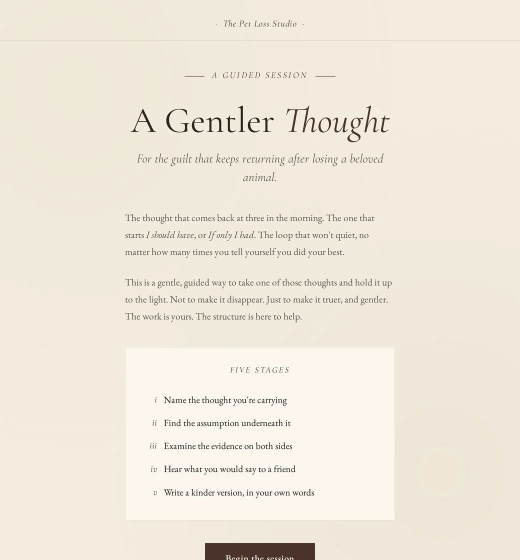 The opening screen of A Gentler Thought, listing its five stages