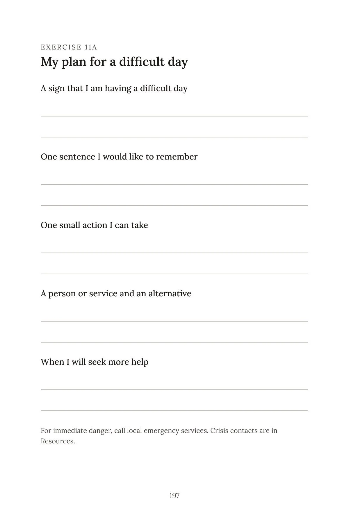 Page 197 of the workbook: Exercise 11A, My plan for a difficult day, with prompts and writing lines