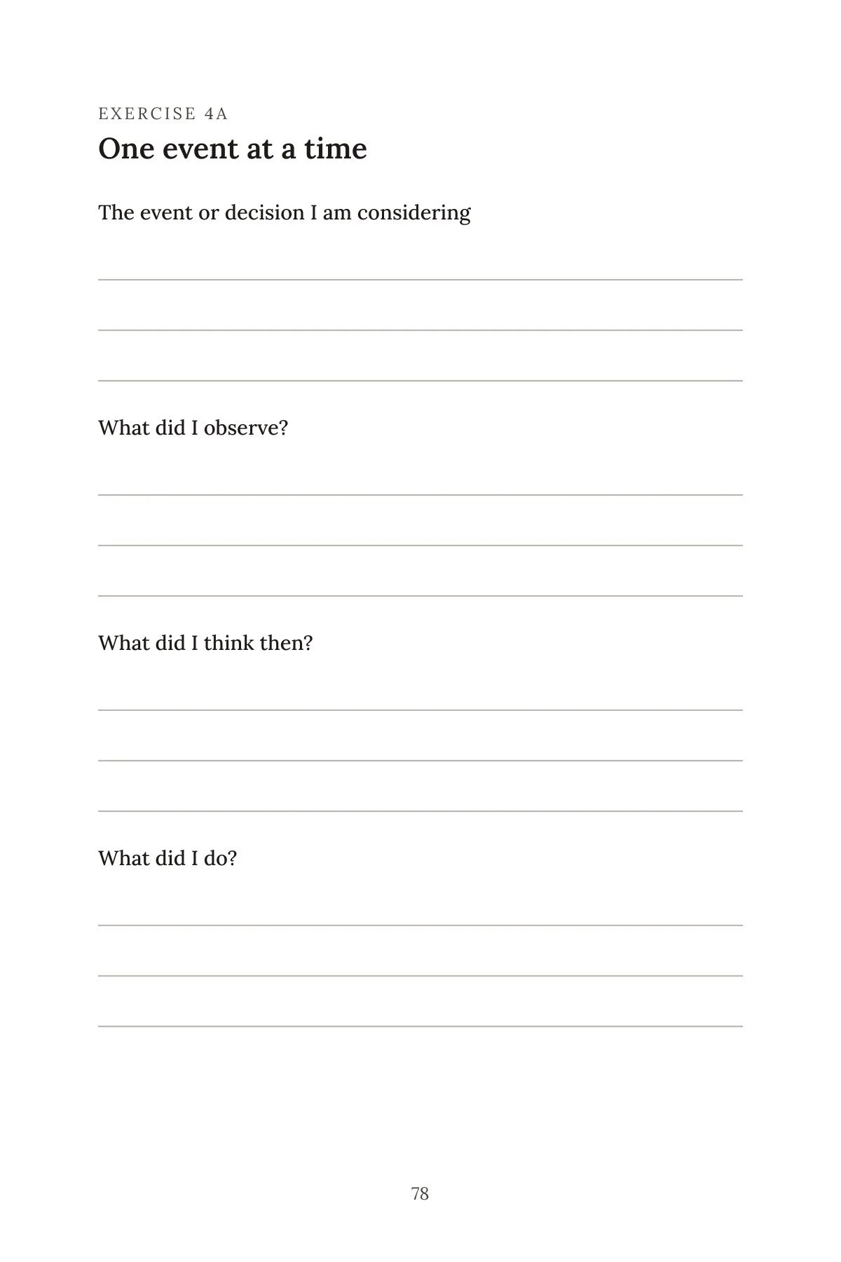Page 78 of the workbook: Exercise 4A, One event at a time, with prompts and writing lines