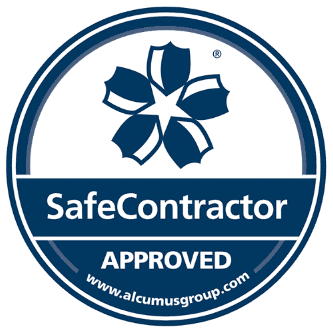 SafeContractor approved badge with a flower-like logo and the website URL safecontractor.com