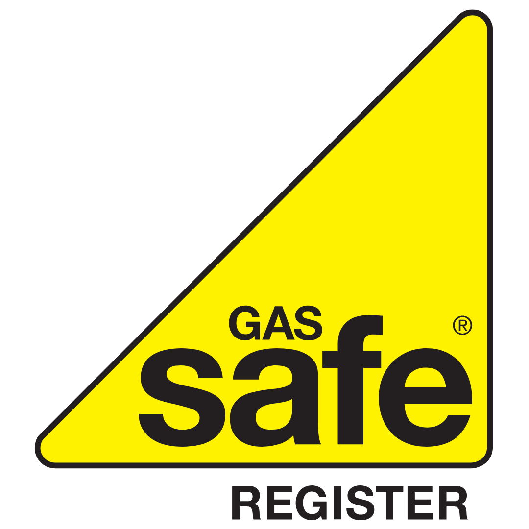 Yellow triangular sign with black border and text that reads "GAS safe" and "REGISTER" in black letters.