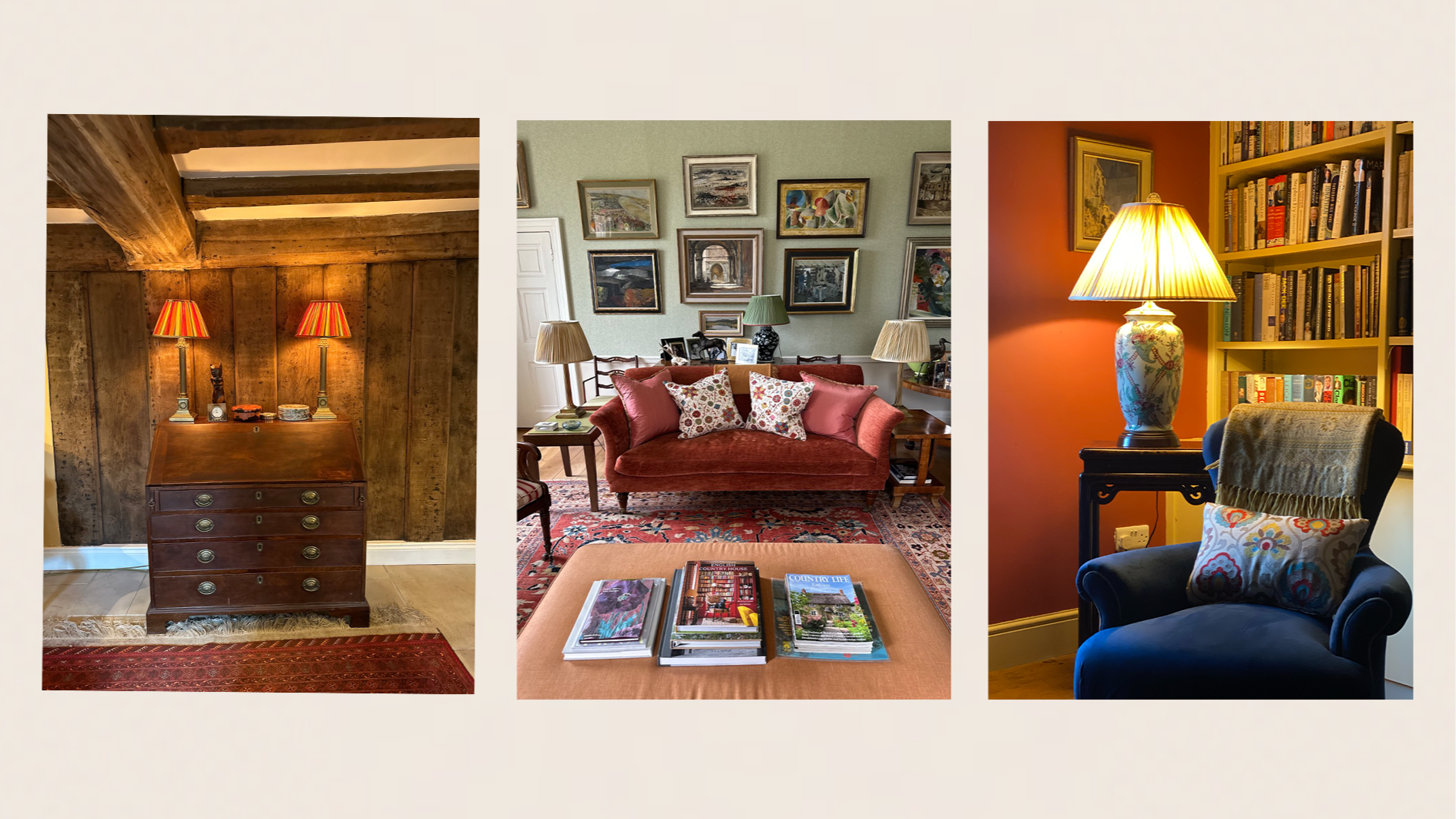Three images of cozy, well-decorated living rooms. The first features a wooden dresser with red-striped lamps, the second shows a red velvet sofa with multiple framed paintings on the wall, and the third displays a side table with a floral lamp and a