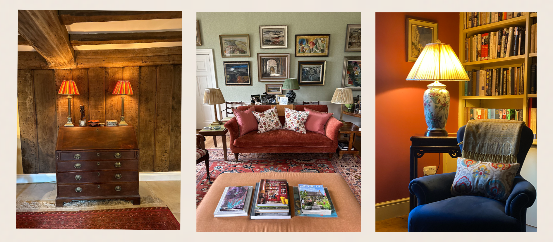 Three interior rooms with various furniture and decorations. The first room has a wooden wall, a chest of drawers with lamps, and a red rug. The second room features a red velvet sofa with patterned pillows, surrounded by art on the walls, several table lamps, and a table with magazines. The third room shows a corner with a yellow wall, a bookshelf, a table lamp on a wooden stand, and a dark armchair with a pillow and throw blanket.