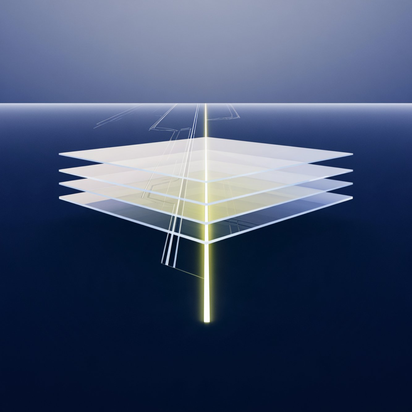 Digitale 3D-Darstellung einer multislider Flächenstruktur mit transparenten Schichten in Blau und Weiß, auf einer dunklen Hintergrundfläche.