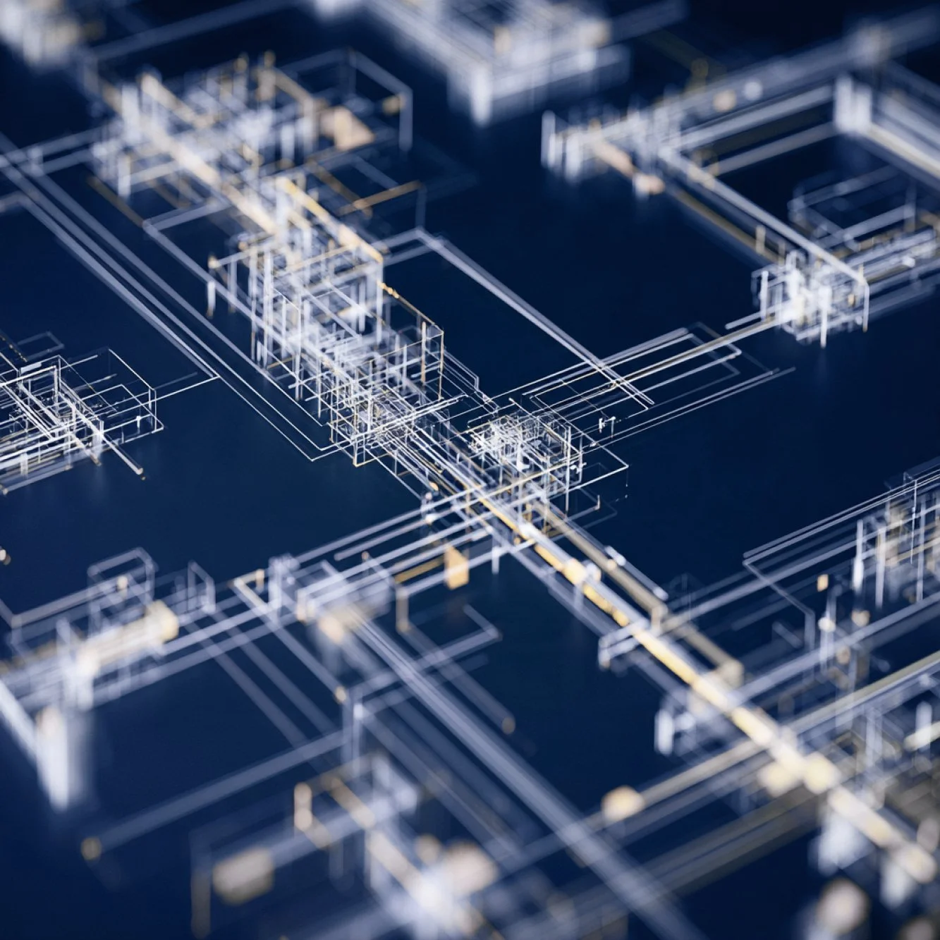Draufsicht auf einen technischen Grundriss mit weißen Linien auf einem blauen Hintergrund, zeigt komplexes Gebäudedesign mit Grundrissen und Strukturen.