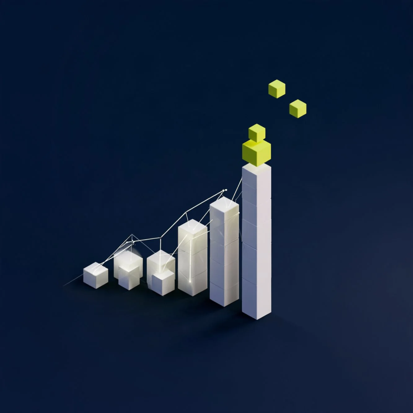 Ein 3D-Chart mit weißen aufsteigenden Balken, einer Linie, die die Daten verbindet, und grünen 3D-Quadraten, die an der Spitze des höchsten Balkens schweben.