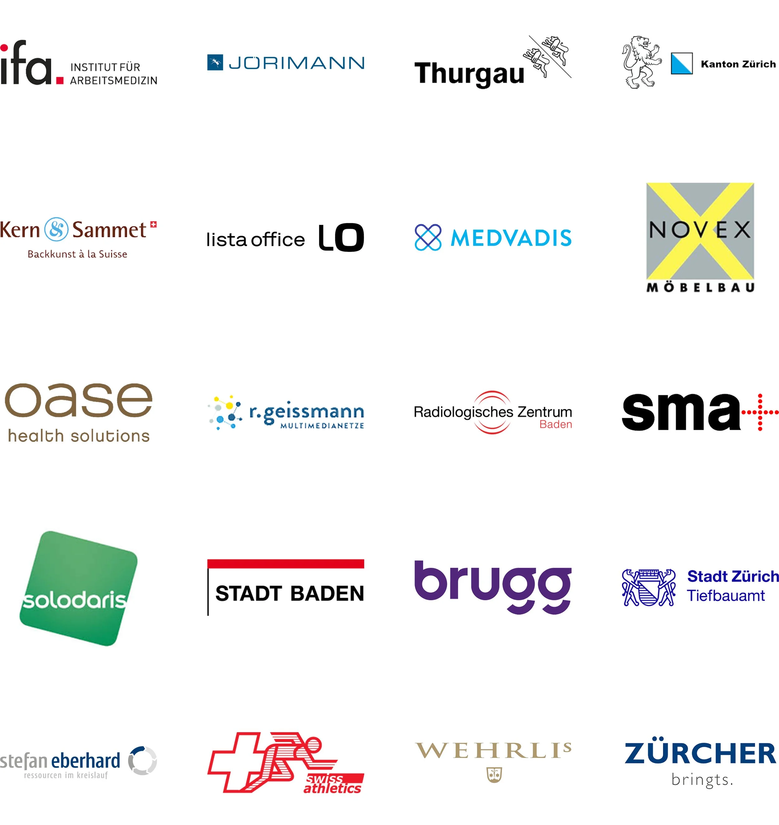 Logos verschiedener Firmen aus Zürich, Baden und Umgebung, darunter IFA, Jorimann, Thurgau, Kanton Zürich, Kern & Sammet, LO, Medavis, Novex Möbelbau, solodaris, Stadt Baden, Brugo, Stadt Zürich, Stefan Eberhard, Swiss Athletics, Wehrlis, Zürcher.