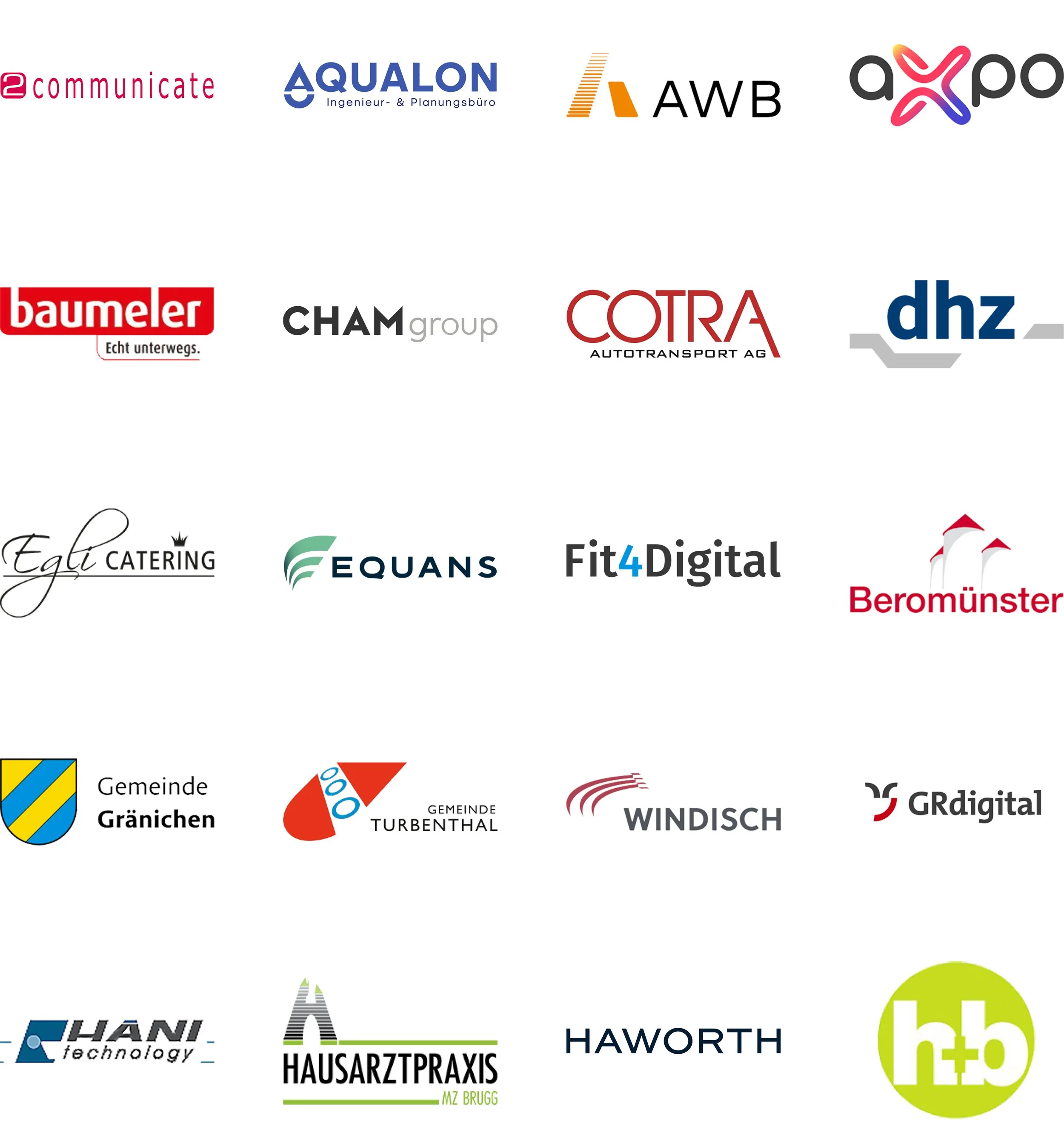 Logos verschiedener Firmen und Organisationen, darunter 2comunicate, AQUALON, AWB, axpo, baumeler, CHAM group, COTRA Autotransport AG, dhz, Egl Catering, EQUANS, Fit4Digital, Beromünster, Gemeinde Gränichen, Gemeinde Turbenthal, HAUSARZTPRAXIS, HAWORTH, HANLI, HAUSARZTPRAXIS, HAWORTH, HAUSARZTPRAXIS, HAWORTH, HAUSARZTPRAXIS, HAWORTH, haushaltung, Mee digital, Plus, Raumdesign, Kirchgemeinde, Cafe, Event, Meilen, Männedorf, Zürich, körber, petra, stuttgart, Gemeindehaus, Hausarzt, Kinder, Eltern, Büro, Schule, Arzt, Klinikum, Krankenhaus, Fahrzeug, Auto, Fahrrad, Bus, Zug, Flugzeug, Schiff, Boot, Straße, Stadt, Land, Natur, Berge, See, Fluss, Wald, Park, Garten, Haus, Wohnung, Gebäude, Brücke, Turm, Denkmalschutz, Denkmal, Kunst, Museum, Theater, Konzert, Festival, Sport, Stadion, Turnhalle, Fitnessstudio, Schwimmbad, Sportplatz, Spielplatz, Parkhaus, Garage, Tankstelle, Raststätte, Restaurant, Café, Bar, Hotel, Hostel, Pension, Campingplatz, Ferienwohnung, Ferienhaus, Unterkunft, Berg, Hügel, Tal, Wiese, Weide, Getreidefeld, Obstgarten, Weinberg, Garten, Park, Naturpark, Nationalpark, UNESCO-Weltnaturerbe, Weltkulturerbe, UNESCO-Weltkulturerbe, UNESCO-Weltnaturerbe, UNESCO-Weltkulturerbe, UNESCO-Weltnaturerbe, UNESCO-Weltkulturerbe, UNESCO-Weltkulturerbe, UNESCO-Weltkulturerbe, UNESCO-Weltnaturerbe, UNESCO-Weltkulturerbe, UNESCO-Weltkulturerbe, UNESCO-Weltnaturerbe, UNESCO-Weltkulturerbe, UNESCO-Weltkulturerbe, UNESCO-Weltkulturerbe, UNESCO-Weltkulturerbe, UNESCO-Weltkulturerbe, UNESCO-Weltkulturerbe, UNESCO-Weltkulturerbe