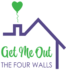 Logo for 'Get Me Out' featuring a house with a heart-shaped balloon.
