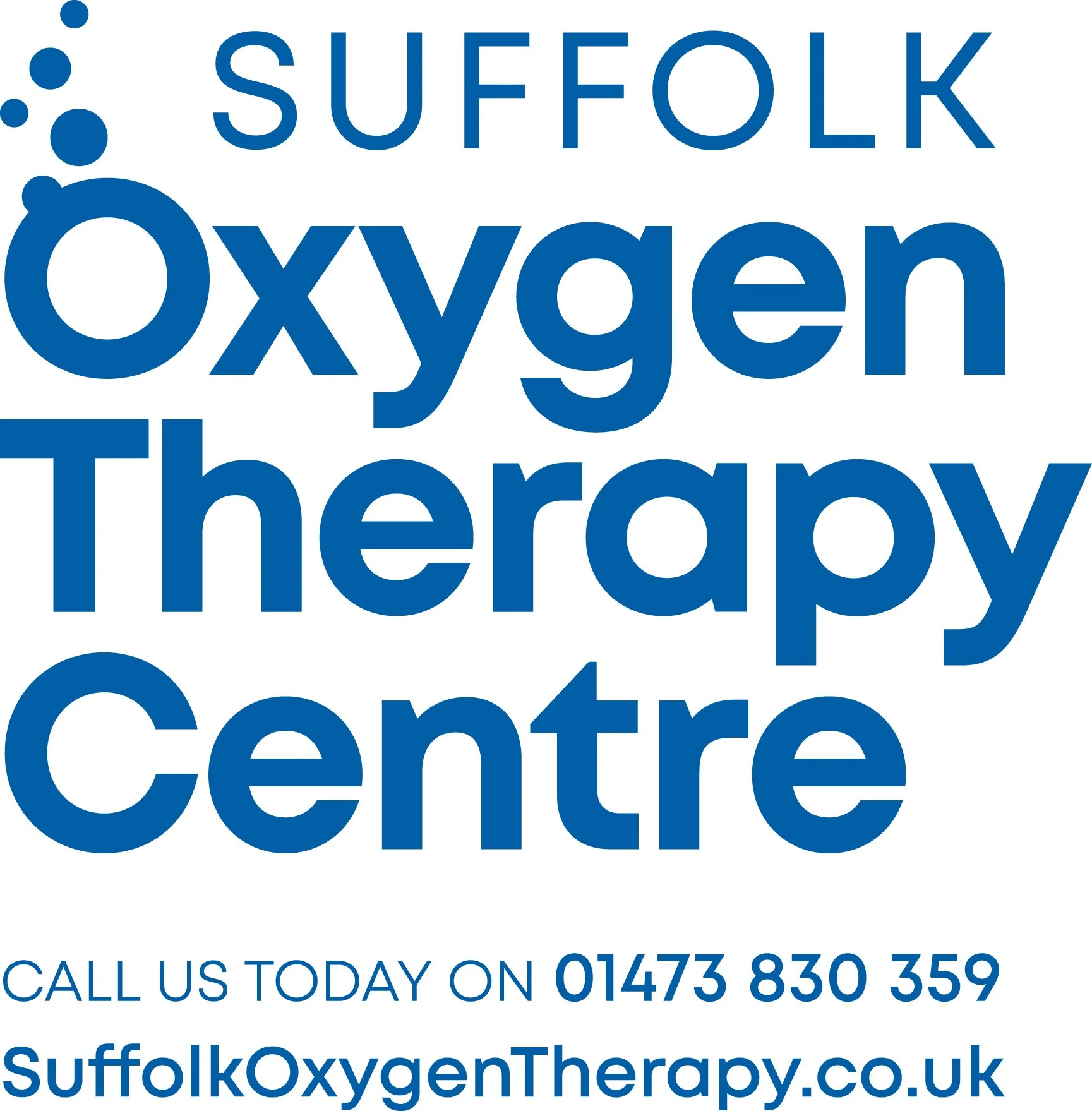 Text-based logo for Suffolk Oxygen Therapy Centre with a contact number and website.