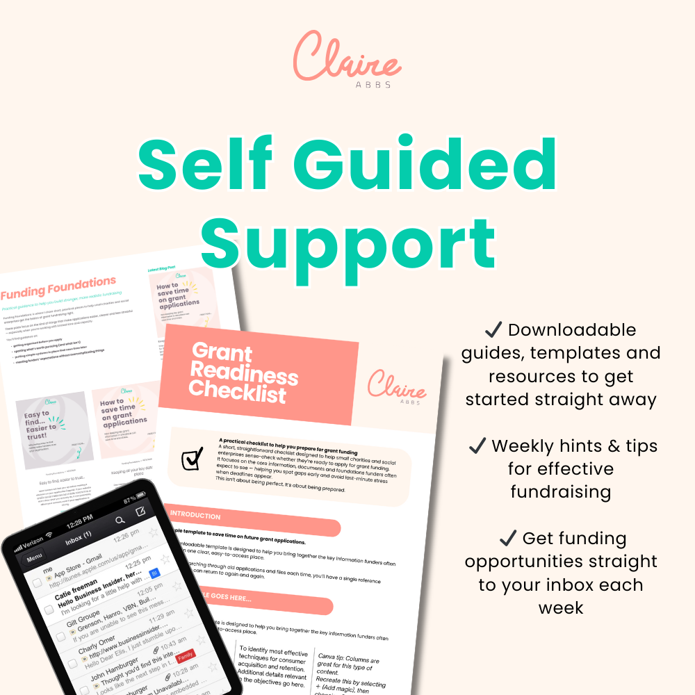 Digital graphic promoting self-guided support resources by Claire Abbs, including guides, templates, and tips for grant applications, with a smartphone screenshot of an email inbox.
