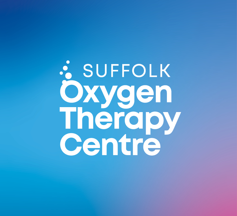 Logo for Suffolk Oxygen Therapy Centre on a blue gradient background with bubbles.