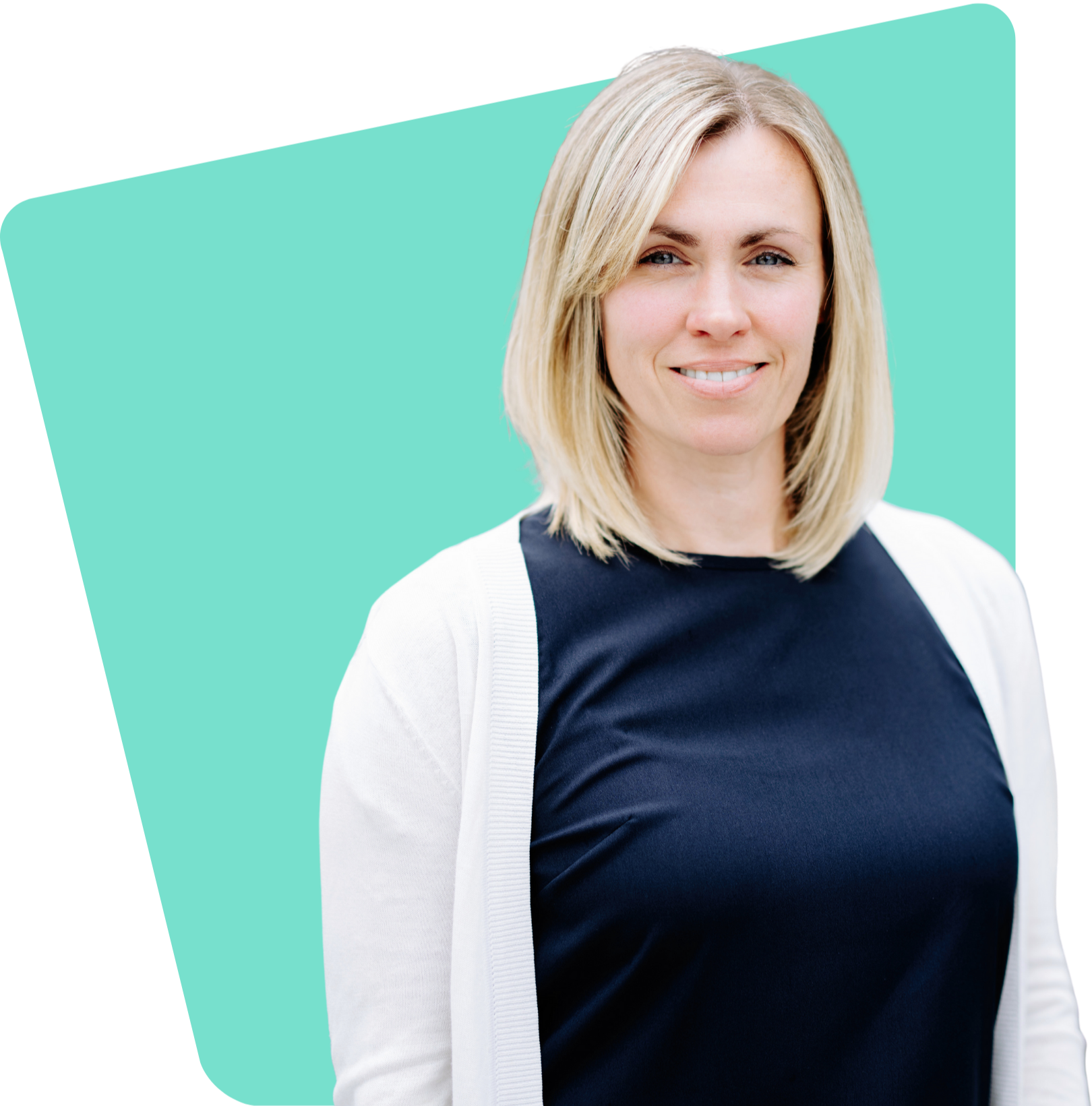 Portrait of a smiling Claire Abbs with shoulder-length blonde hair, wearing a navy blue top and white cardigan, against a teal background.