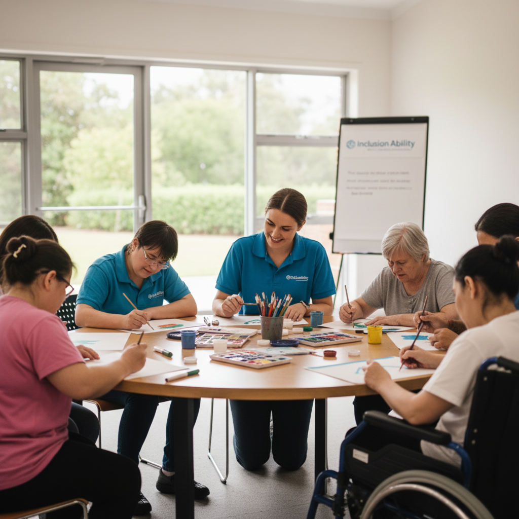 A diverse group of women and girls participating in an indoor art activity around a table, with art supplies and a window with a green outdoor view in the background.