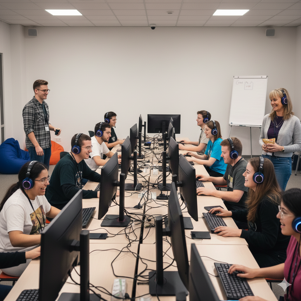 Group of young adults in a computer lab, wearing headphones, working on desktop computers, smiling and laughing, with a woman standing on the right holding a box, and another woman standing near bean bag chairs in the background.