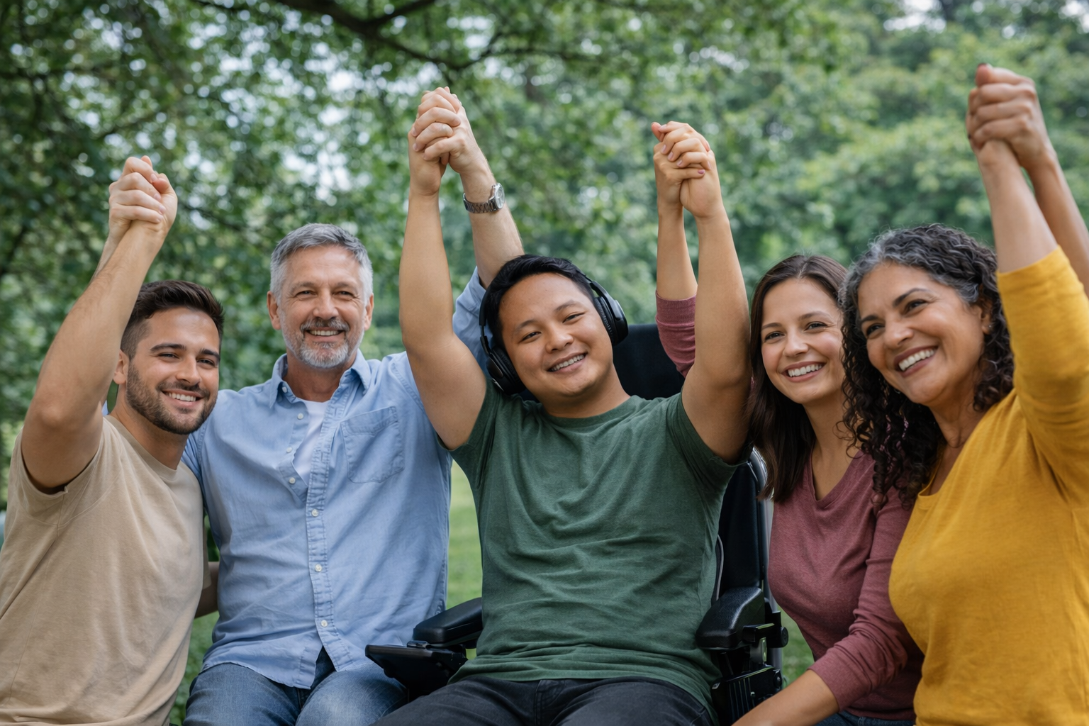A diverse group of five people smiling, holding hands, and raising their arms outdoors in a forested area.