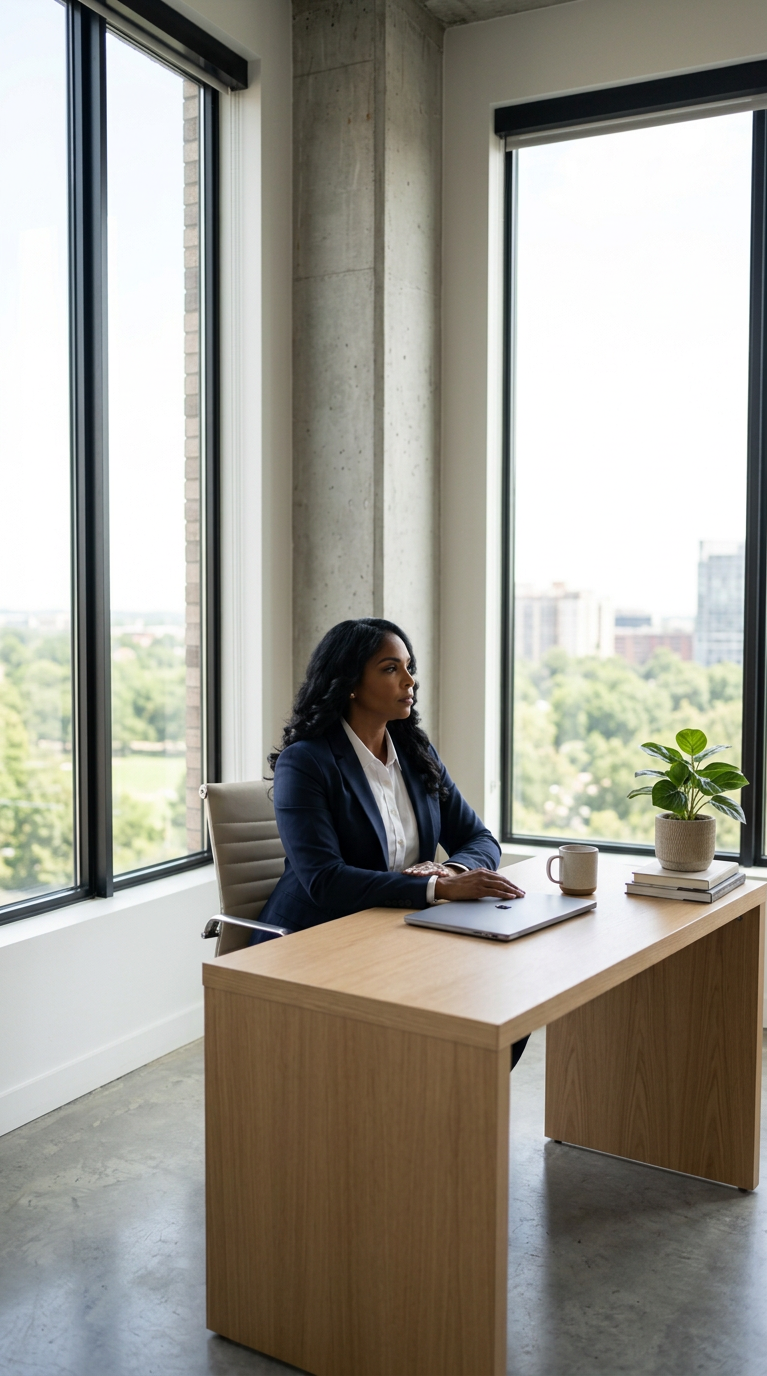 Elevare leadership coach working at a desk in a modern professional office.