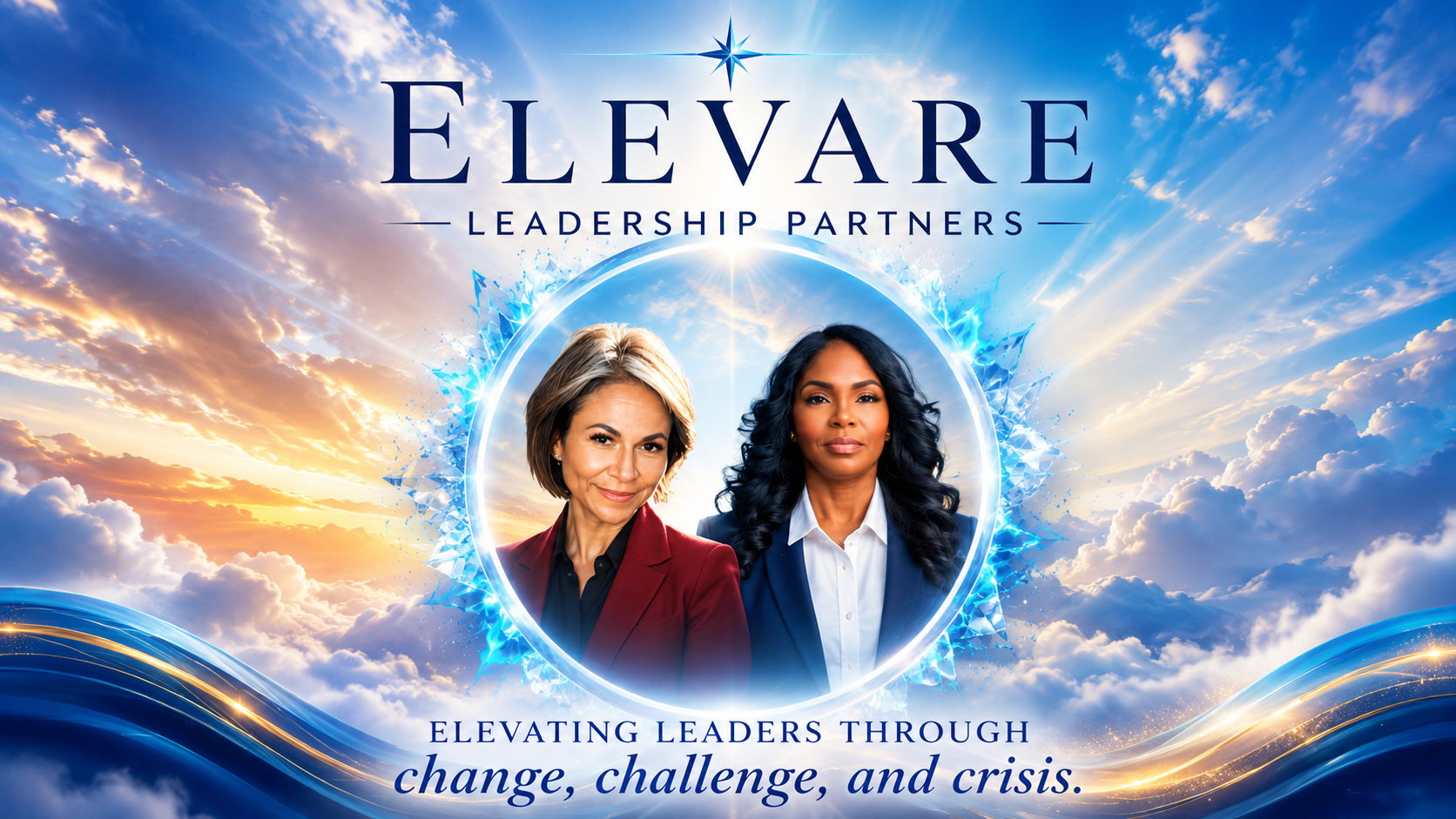 Elevare Leadership Partners promotional image featuring two leaders with the message, “Elevating leaders through change, challenge, and crisis.”