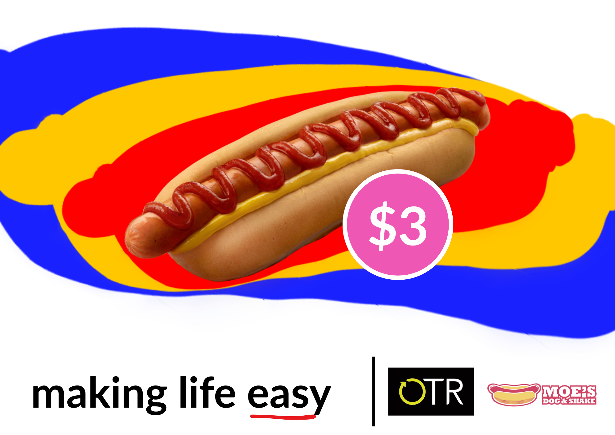 Hot dog with ketchup and mustard on a bun, priced at three dollars, against a colorful background with abstract shapes in blue, yellow, and red.