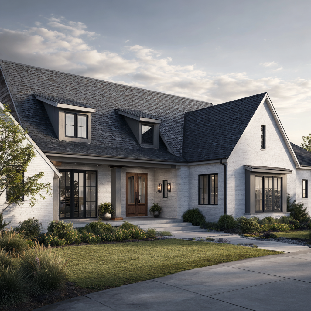 A modern two-story house with a white brick exterior, dark roof shingles, and multiple windows, including dormer windows, surrounded by a landscaped yard with grass, shrubs, and plants.