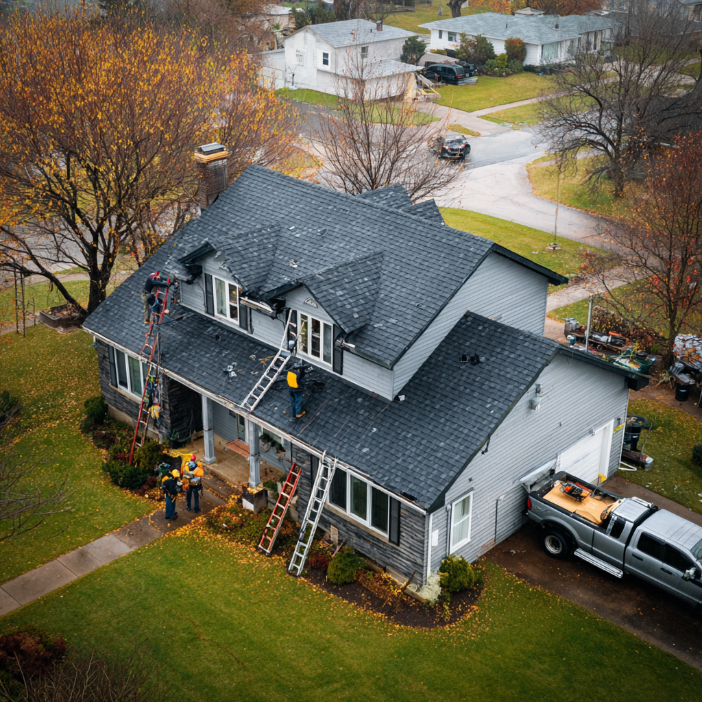 Aerial view of a house with roofing work in progress, workers on ladders, and tools on the roof, surrounded by trees and neighborhood streets.
