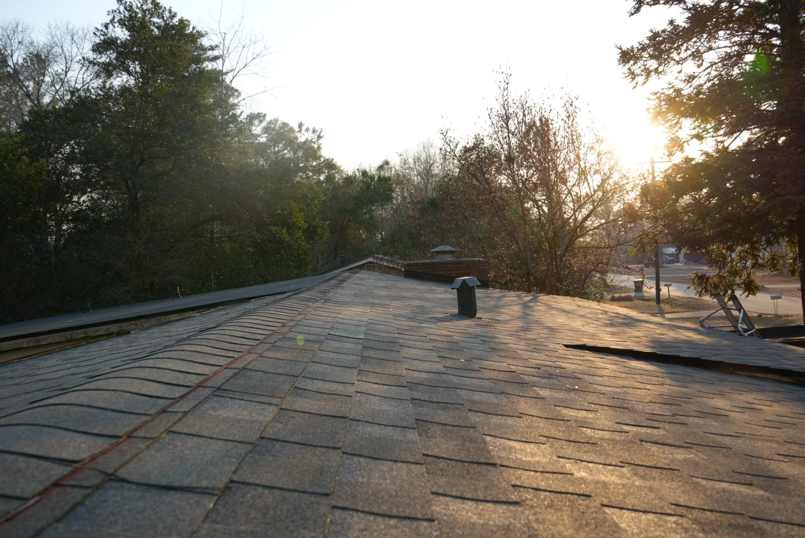 A residential rooftop with asphalt shingles during sunset. Trees with bare branches and some greenery are visible in the background, along with a street and houses in the distance.
