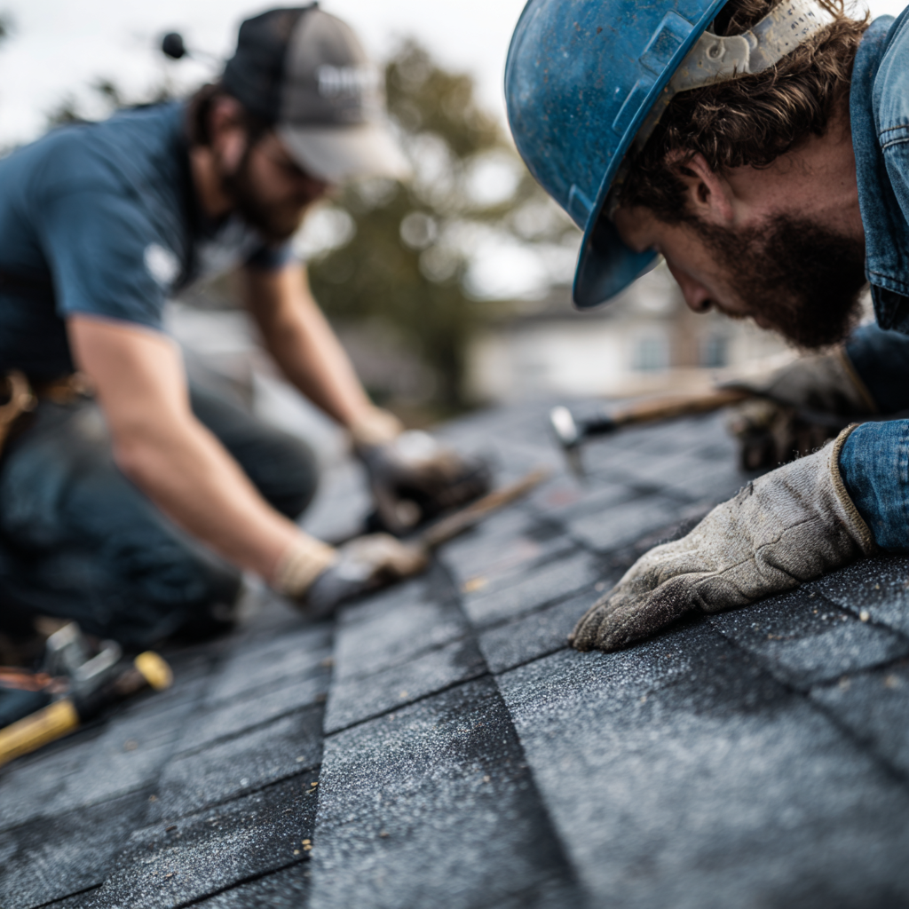 Two workers on a roof installing or repairing shingles, wearing safety gear including gloves and a helmet.