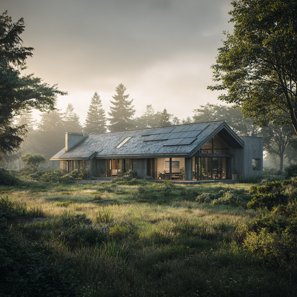 A modern wooden house with large glass windows situated in a lush green field surrounded by trees on a foggy morning.