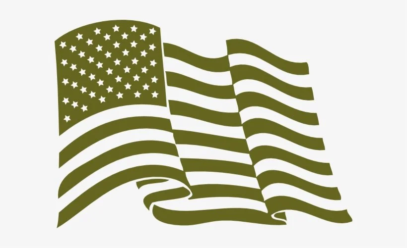 A stylized illustration of the American flag with a wave effect in an olive green color.
