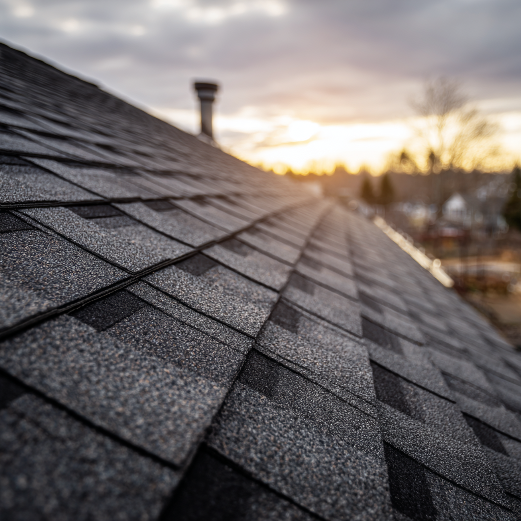 Close-up of a shingled roof with a sunset in the background.