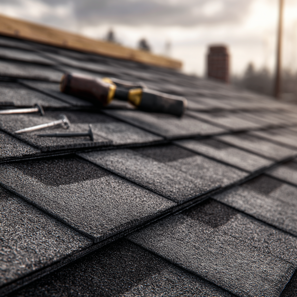 Close-up of a shingled roof with tools and nails placed on the shingles, under cloudy skies.